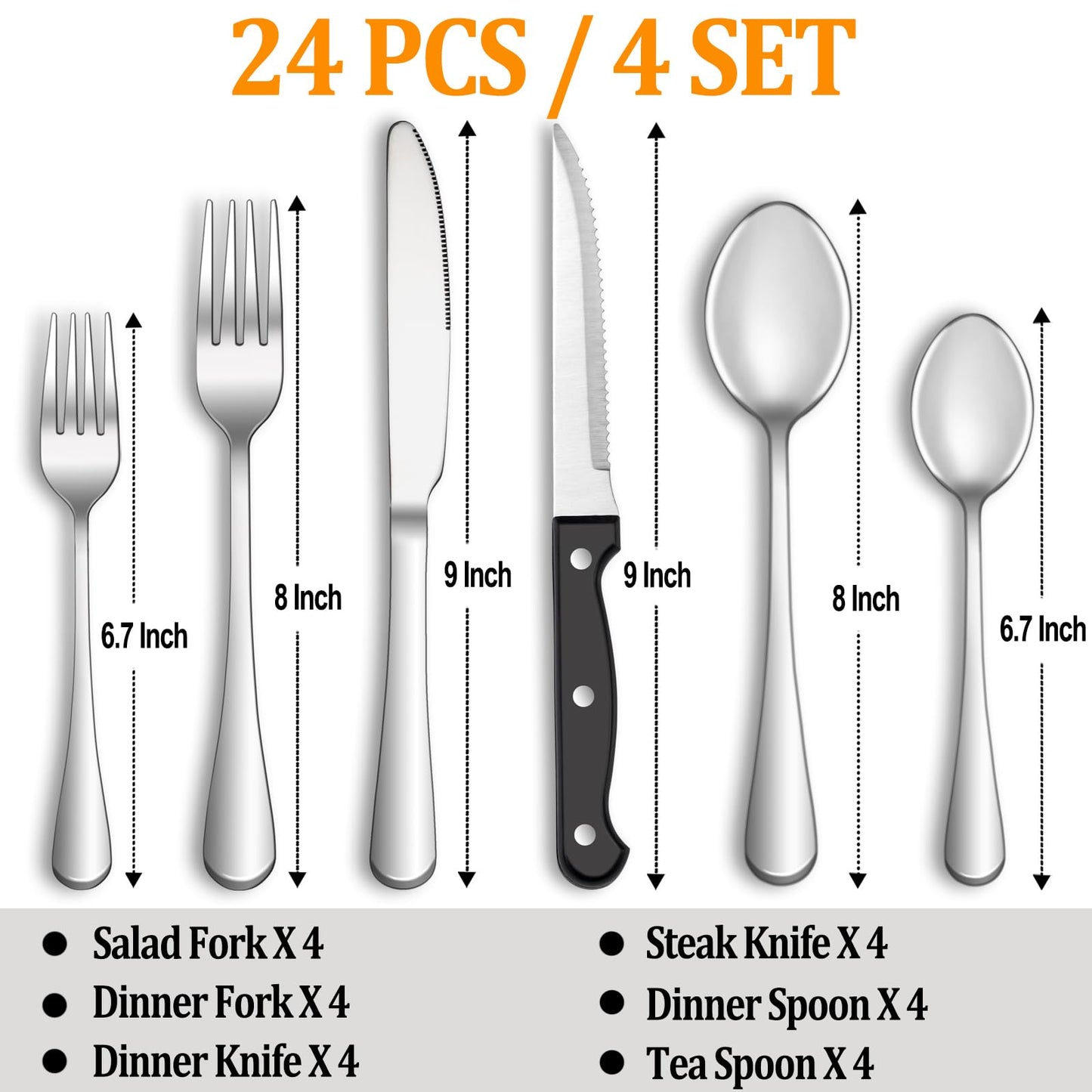 24 Pcs Silverware Set with Steak Knives Service for 4,Stainless Steel Flatware Set,Mirror Polished Cutlery Utensil Set,Home Kitchen Eating Tableware Set,Include Fork Knife Spoon Set,Dishwasher Safe