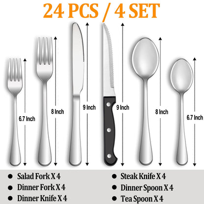 24-Piece Silverware Set with Steak Knives – Stainless Steel Flatware for 4