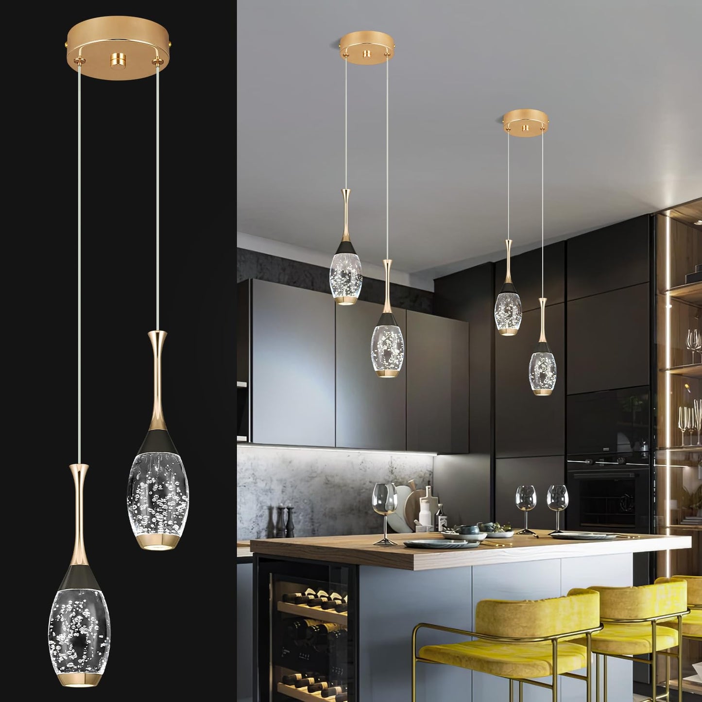 Moderne Pendelleuchte in Schwarzgold, dimmbare LED-Deckenleuchte, Mini-Pendelleuchte in Tropfenform aus Kristall für Kücheninsel, Schlafzimmer, Flur, Eingangsbereich (3er-Pack) 