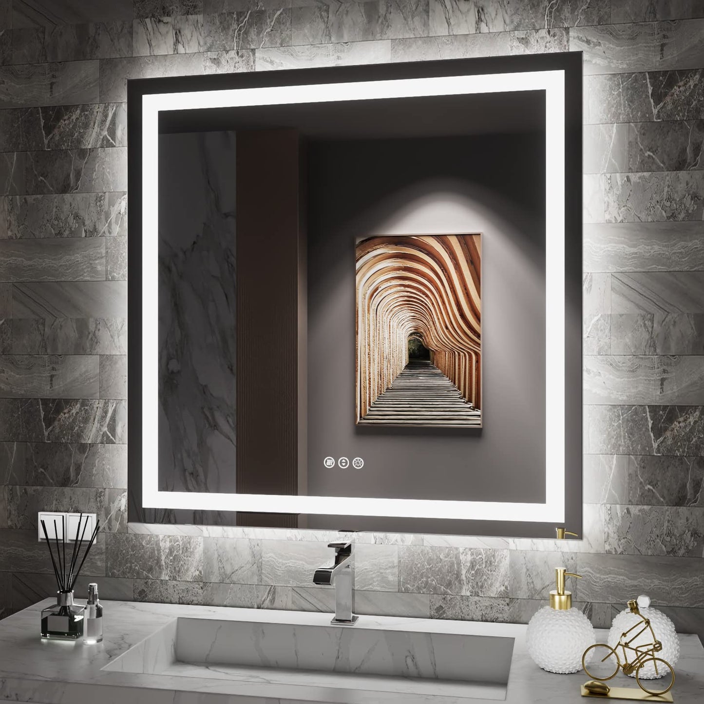 Amorho 20"x 28" LED Bathroom Mirror with Black Frame, Front Light and Backlit(Controlled Separately), Stepless Dimmable, Anti-Fog, Shatter-Proof, 3 Colors, Memory