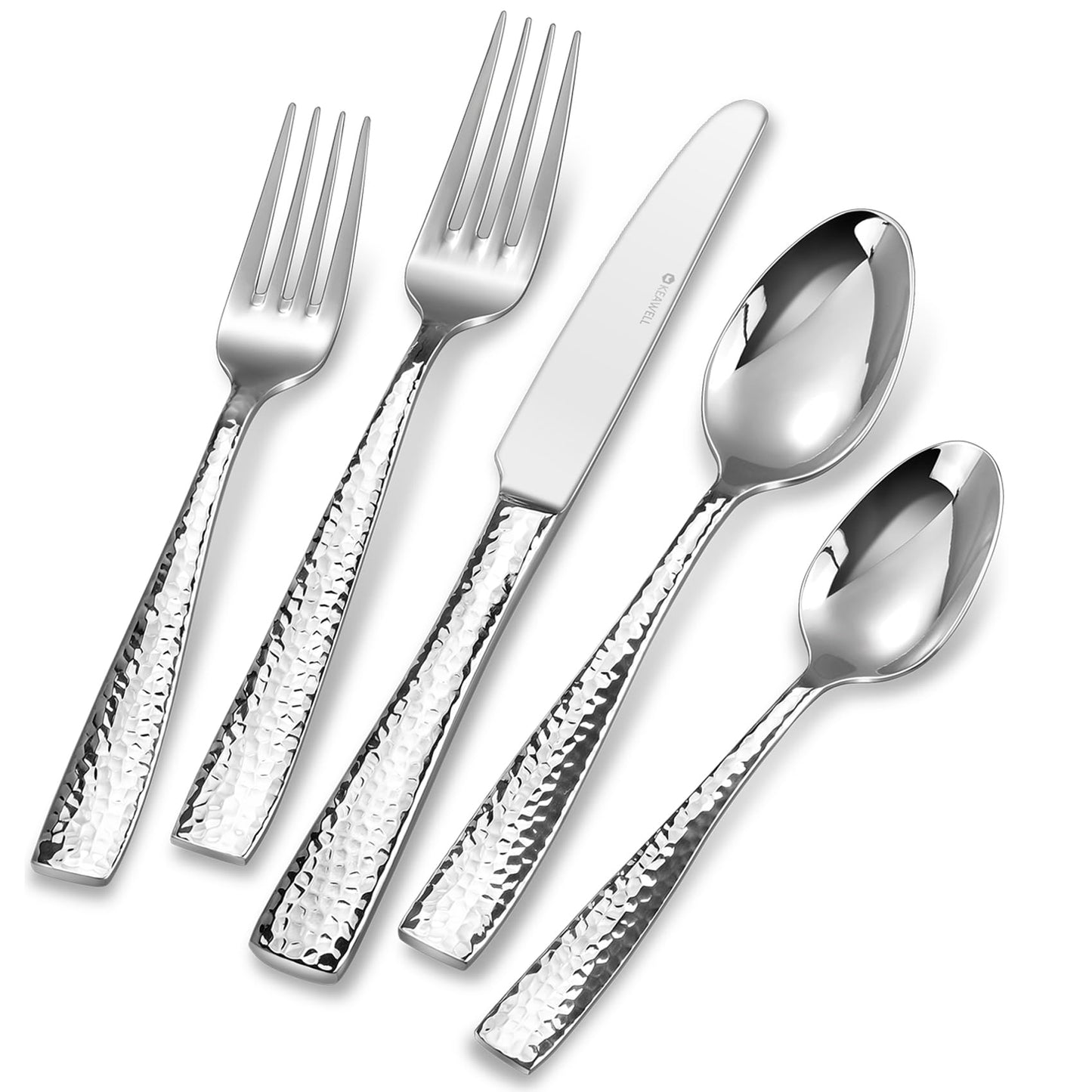 KEAWELL Premium 20/45/65 Piece Louis Hammered Silverware Set with Squared Edge, 18/10 Stainless Steel, Service for 4/8/12, Fine Flatware Set, Dishwasher Safe (45)