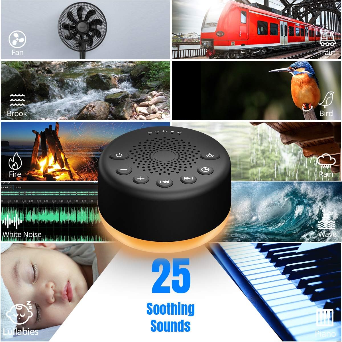 Soundmaschine Easysleep, White Noise Machine mit 25 beruhigenden Geräuschen und Nachtlichtern mit Speicherfunktion, 32 Lautstärkestufen und 5 Einschlaftimern, Stromversorgung über Netzteil oder USB zur Entspannung beim Einschlafen (Schwarz) 