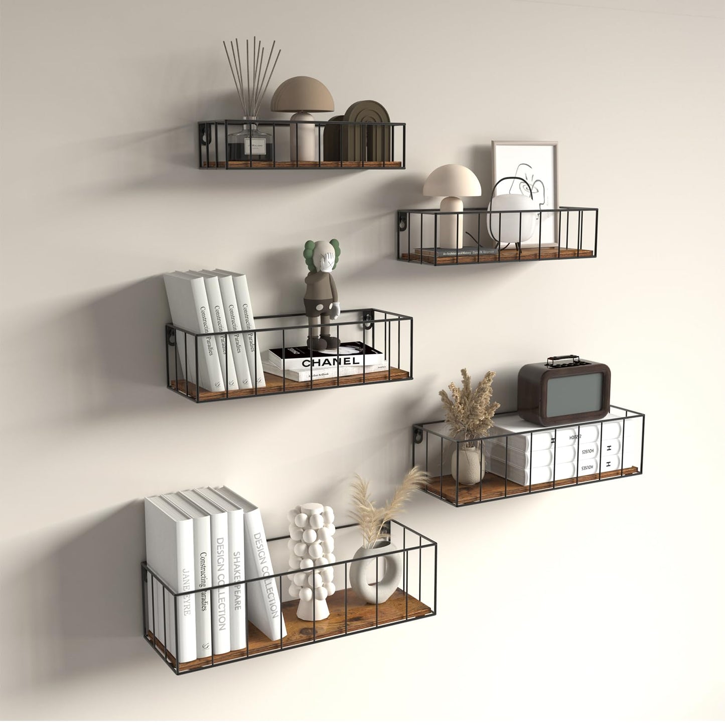 Floating Shelves Wall Mounted Set of 5, Hanging Wall Shelf with Rail for Bathroom, Bedroom, Living Room, Kitchen