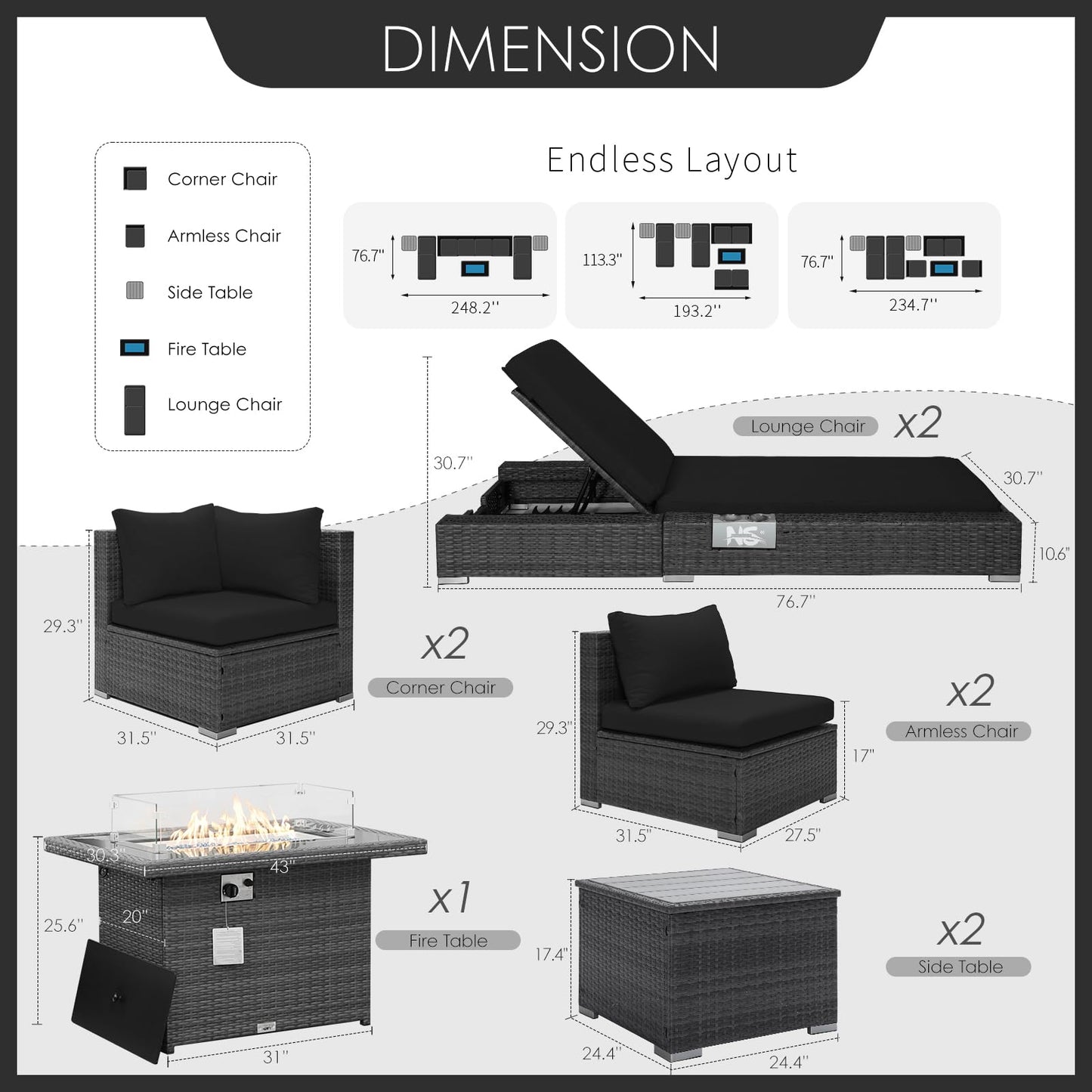 NICESOUL® 13-teiliges großes Luxus-Sofaset für die Terrasse mit Feuerstelle für Erdgas/Propan, 74 cm hohe Rückenlehne, Garten-Sitzgruppe, Gartensofa aus PE-Rattan, dunkelgrau 