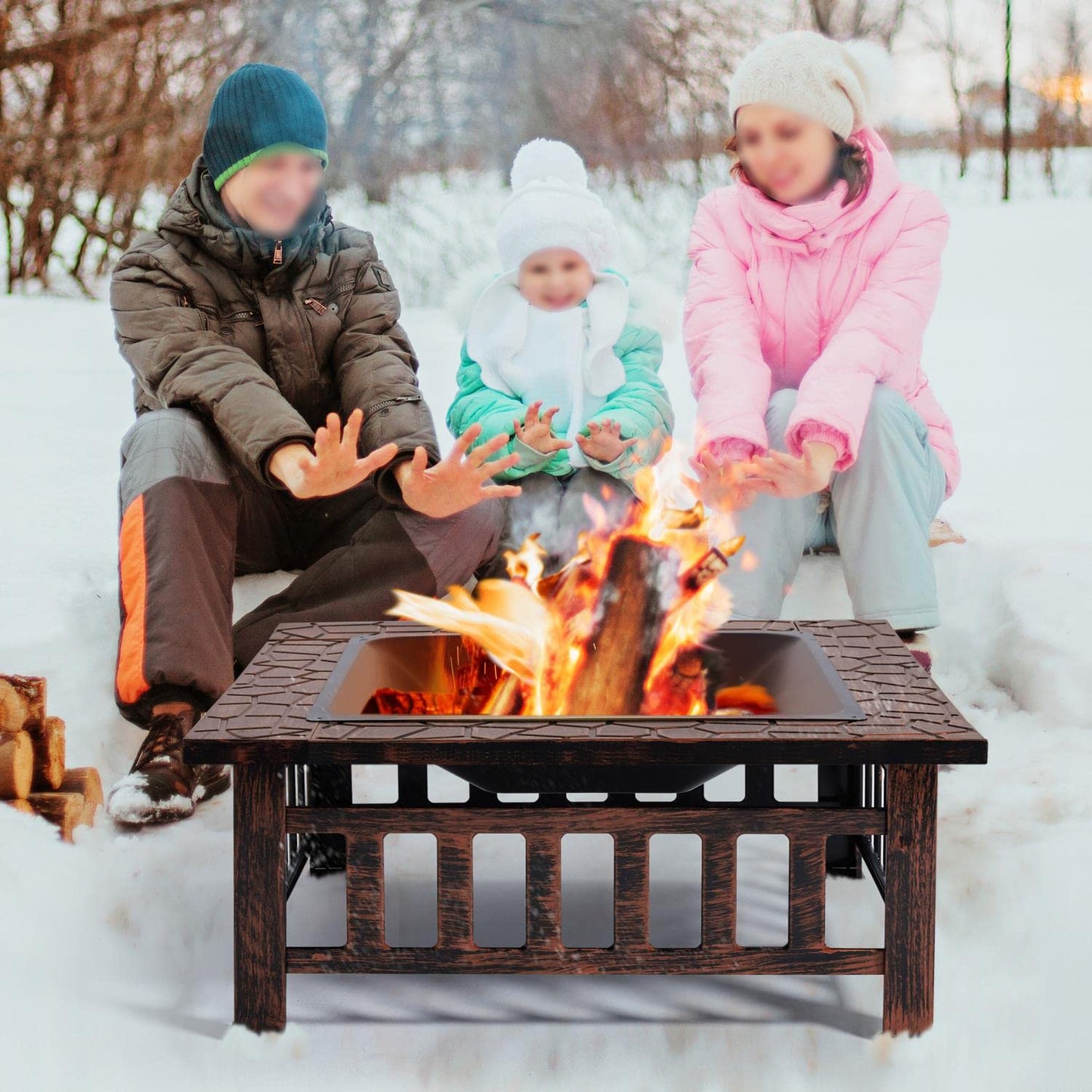 Yaheetech 32 Zoll große Feuerstelle für den Außenbereich, quadratischer Tisch, Gartenofen für Hinterhof, Terrasse, Holzfeuerstelle mit Funkenschutz, Schürhaken und Abdeckung 