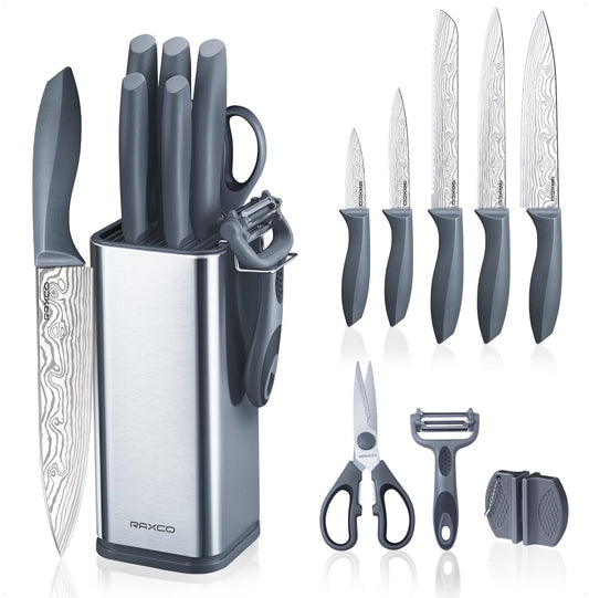 RAXCO Knife Set with Block,10-Piece Kitchen Knives Stainless Steel,Pro-Sharpened for Cooking,Slicing,Mincing,Dicing,Black