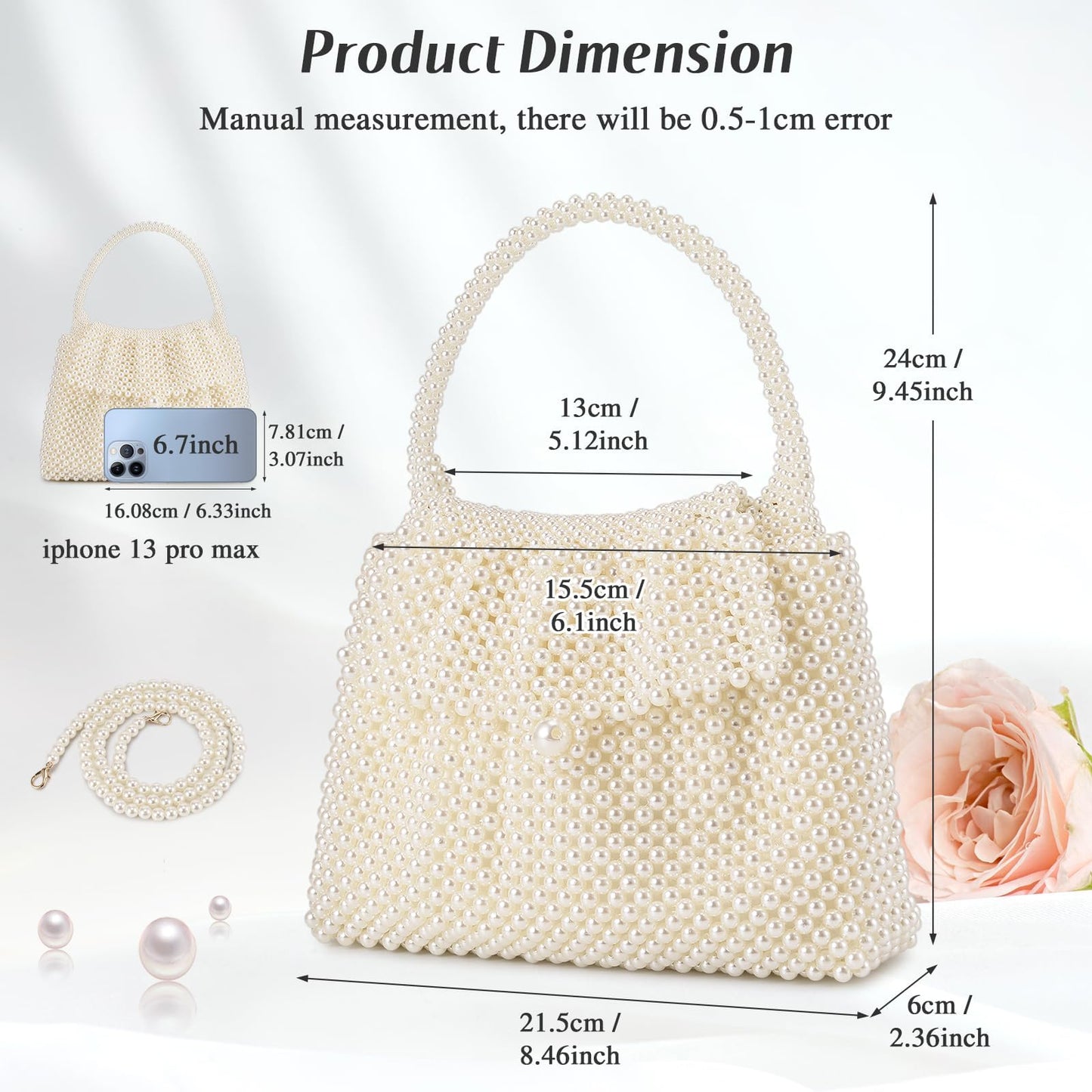 UBORSE Women Pearl Clutch Bag Noble Crystal Beaded Evening Bag Wedding Clutch with Pearl Chain