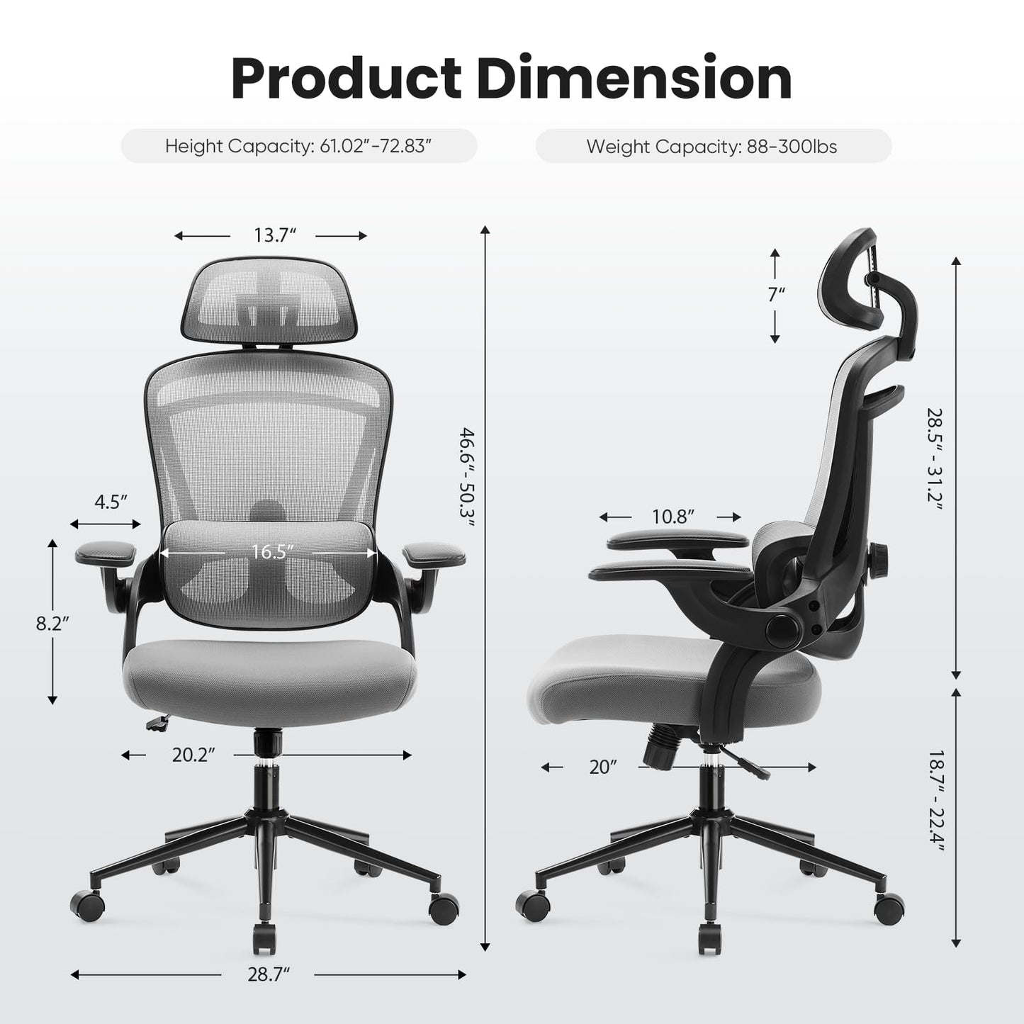 Chaise de bureau ergonomique en maille, chaise de bureau à dossier haut avec appui-tête 2D, support lombaire haut et bas, chaise de travail d'ordinateur pivotante avec accoudoirs rabattables réglables, noir 