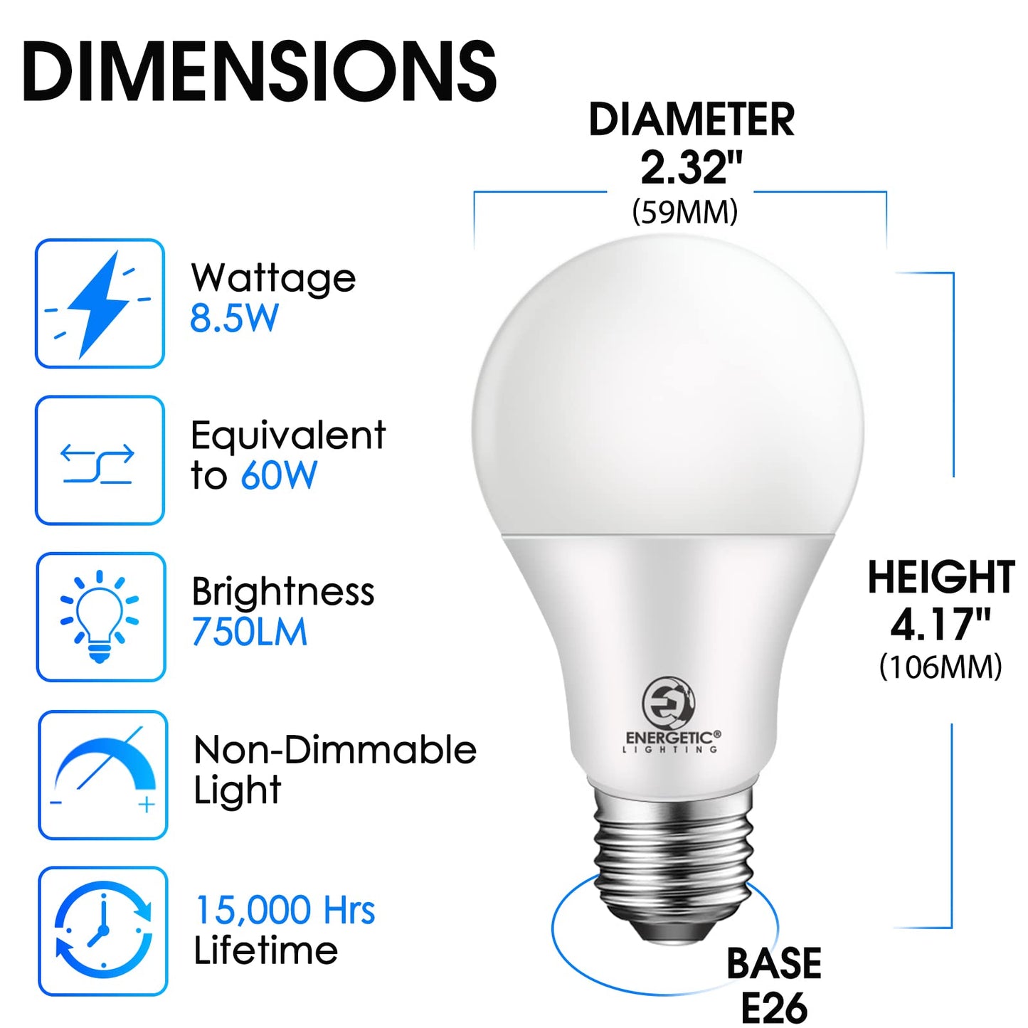 Energetic 24er-Pack A19 LED-Glühbirne, 60-Watt-Äquivalent, Tageslicht 5000 K, mittlerer E26-Sockel, nicht dimmbare LED-Glühbirne, UL-zertifiziert 