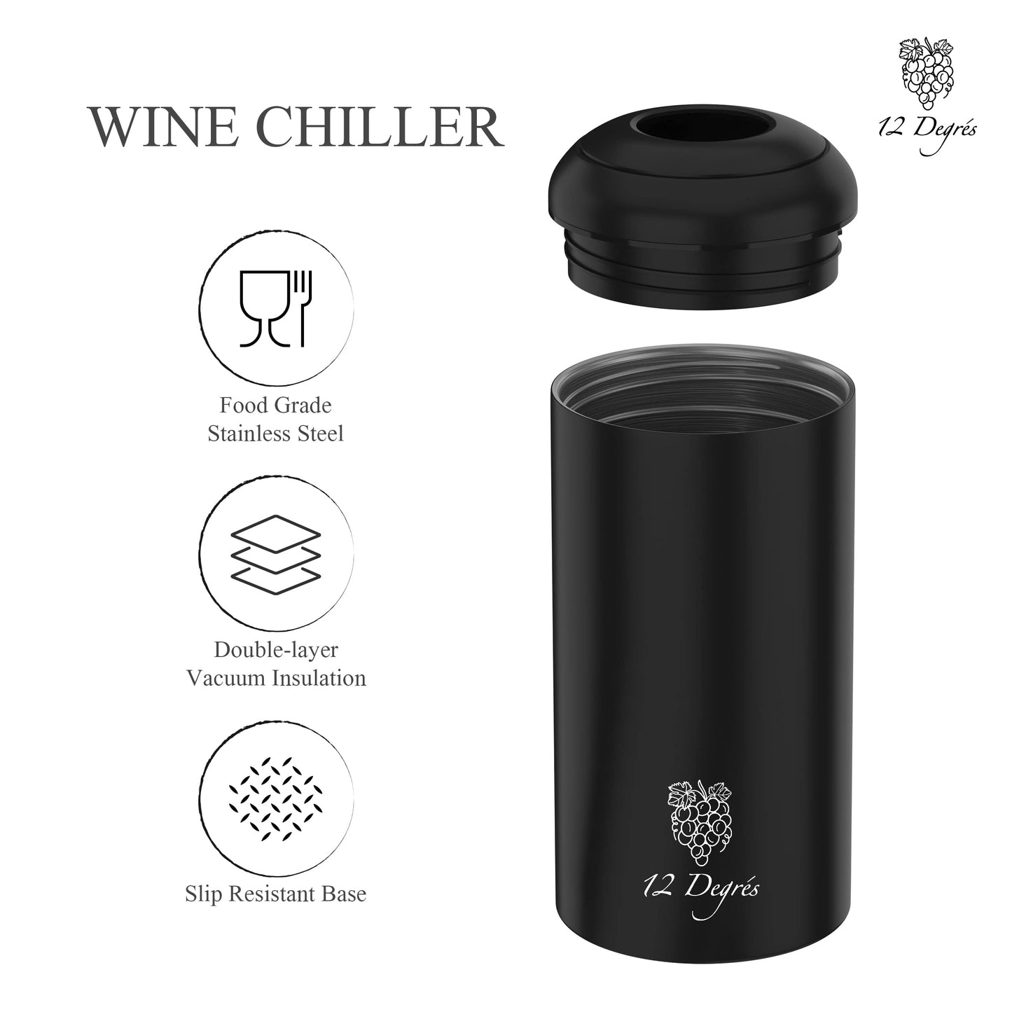 Wine Chiller Set - Perfect Wine Gifts for Women & Men - Stainless Steel Insulated Wine Cooler with Wine Pump, Aerator & 4 Stoppers (Black)