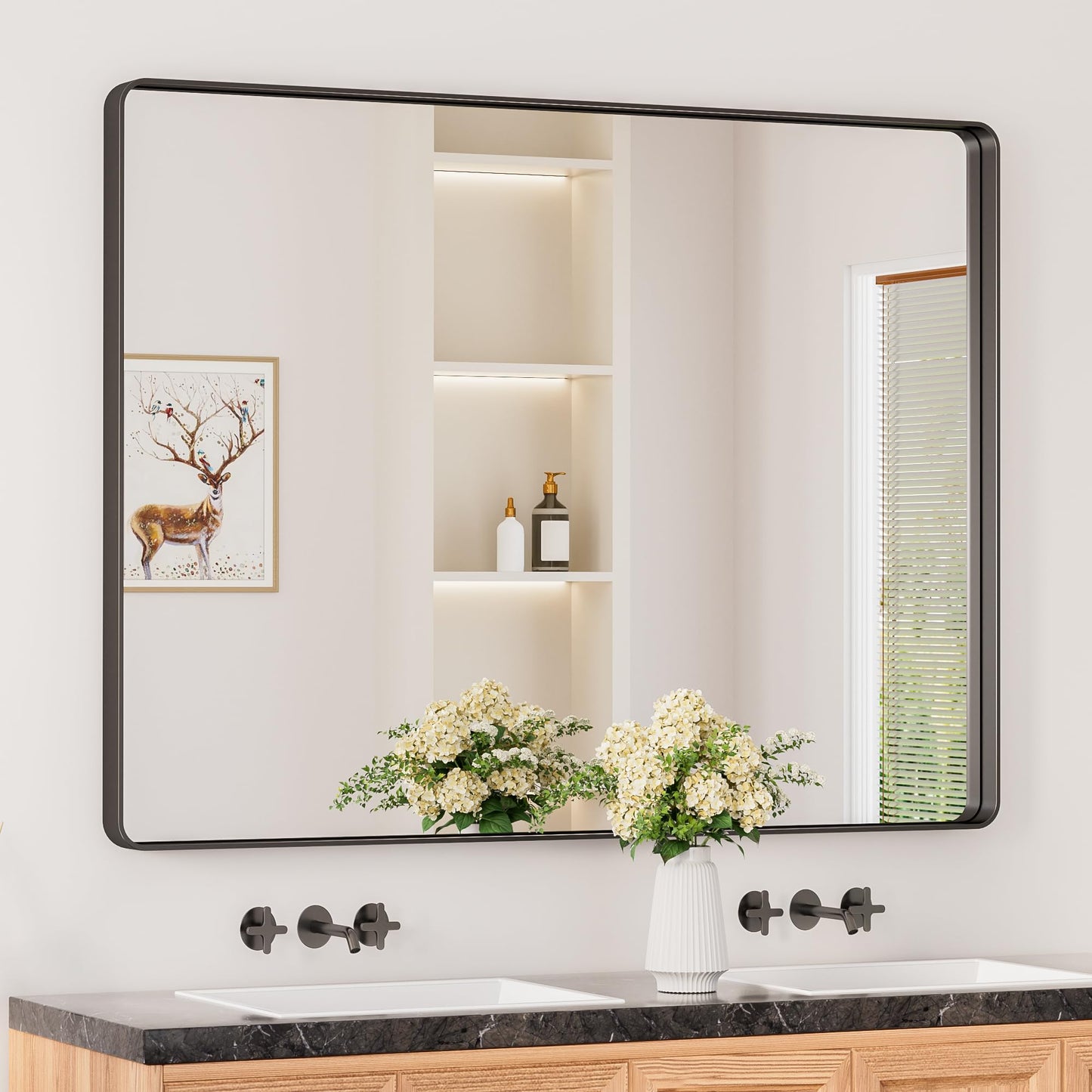 Keonjinn Black Mirror for Bathroom Sink, 24 x 30 Inch Sandblasted Finish Aluminum Wall Mirrors, Matte Black Rectangle Farmhouse Mirror with Shatterproof HD Tempered Glass, Anti-Rust Metal Frame