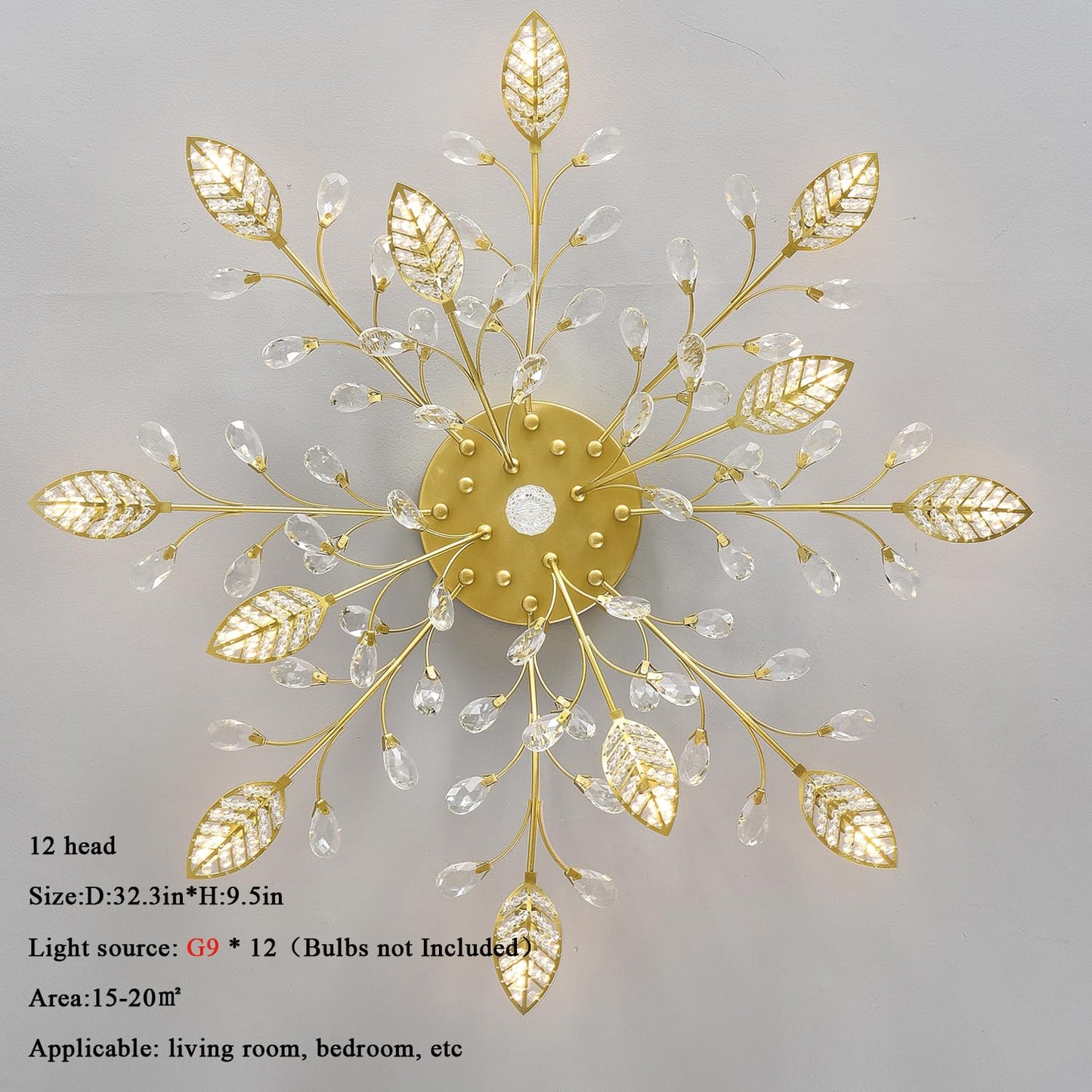 Modern Crystal Ceiling Light Fixture,Semi Flush Mount Chandeliers,Crystal Leaf Ceiling Light, Chandeliers for Dining Room,Living Room,Bedroom (Gold, 12-Lights)