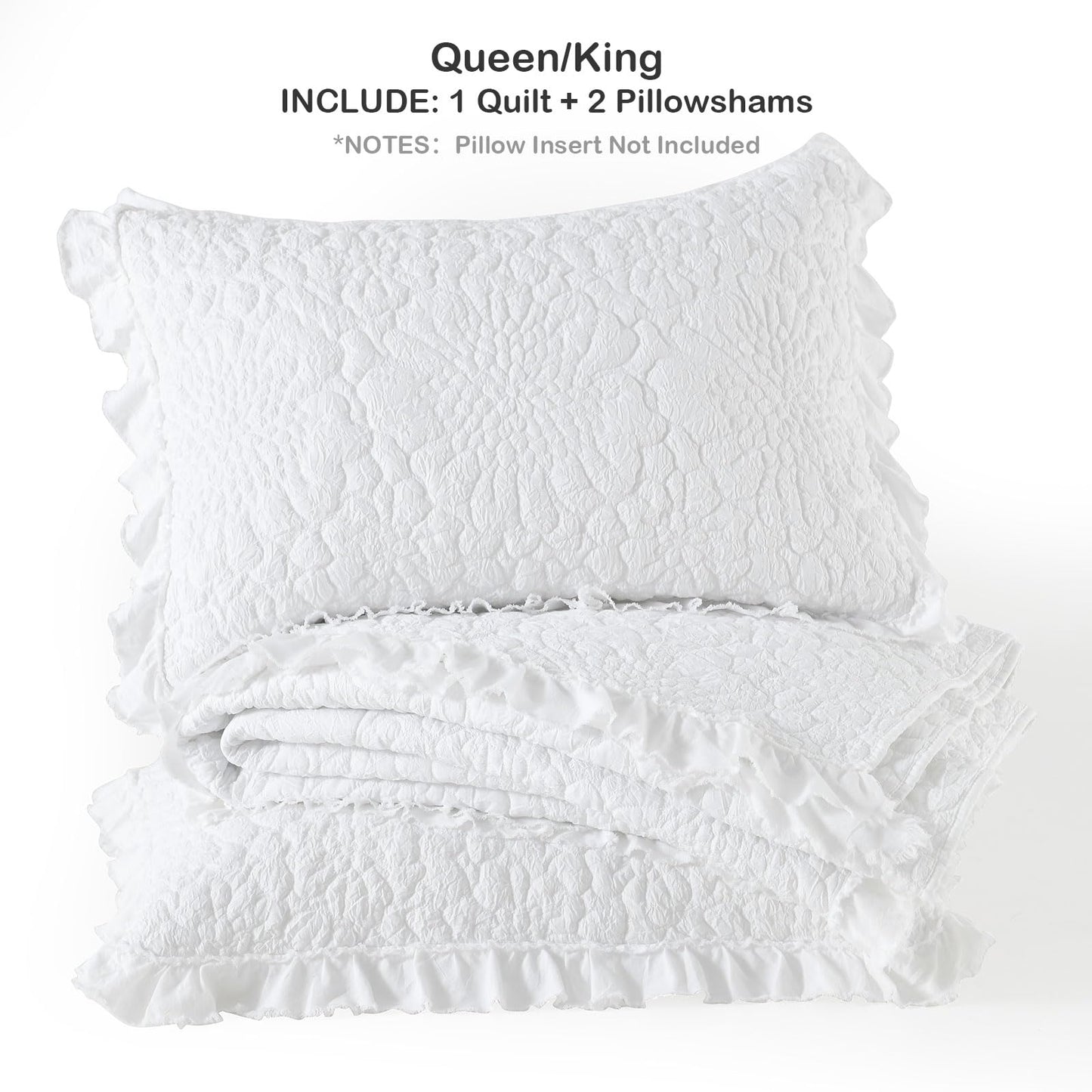 HORIMOTE HOME White Ruffled Quilt King Size, Stone-Washed Microfiber Lightweight Crinkled Farmhouse Rustic Shabby Chic Bedding Set, 3 Pieces Reversible Bedspread with Pillow Shams for All Season