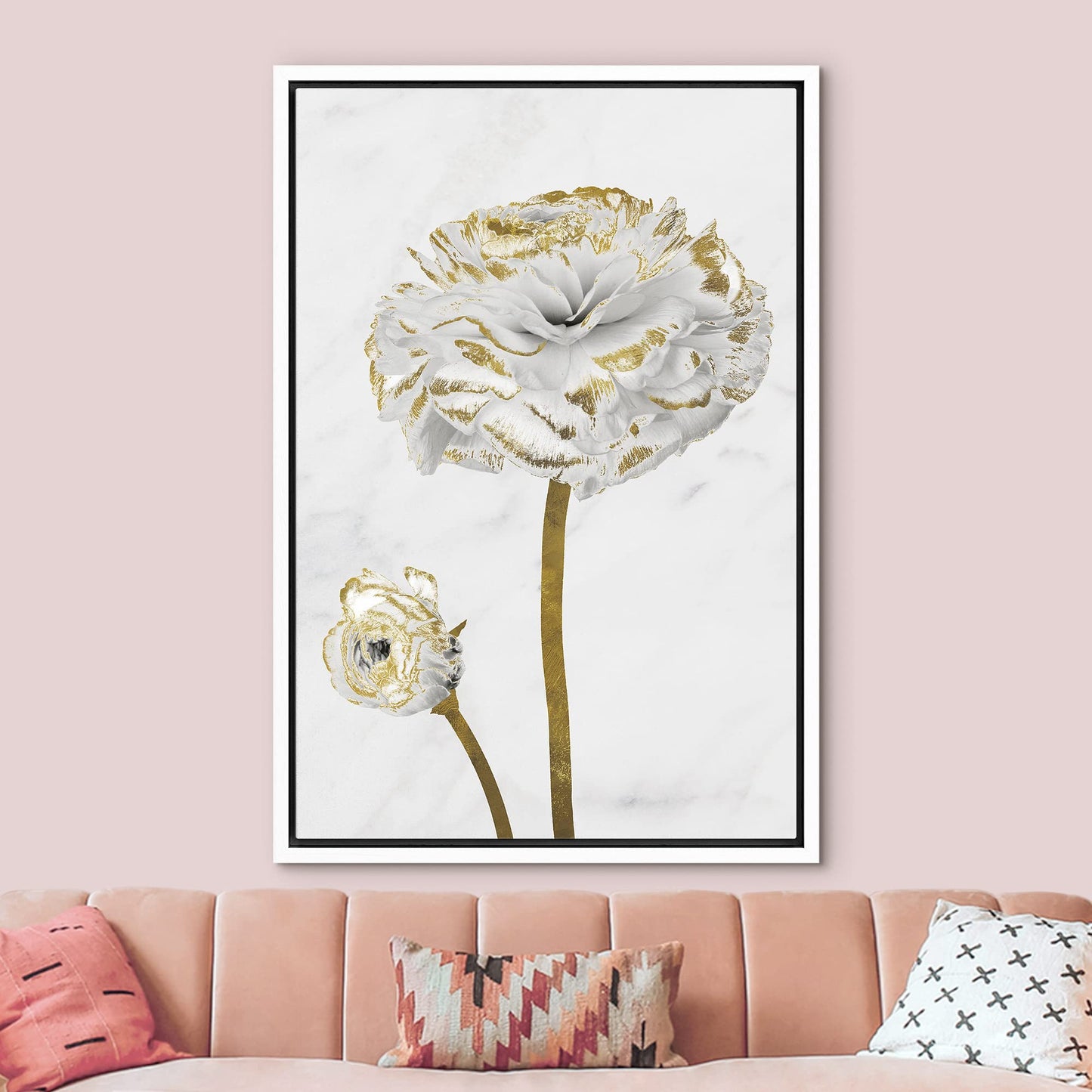 Canvas Print Wall Art White Gold Close Up Garden Carnation Flower Plant Nature Wilderness Illustrations Modern Art Farmhouse/Country Rustic Relax/Calm for Living Room, Bedroom, Office - 16"x24"