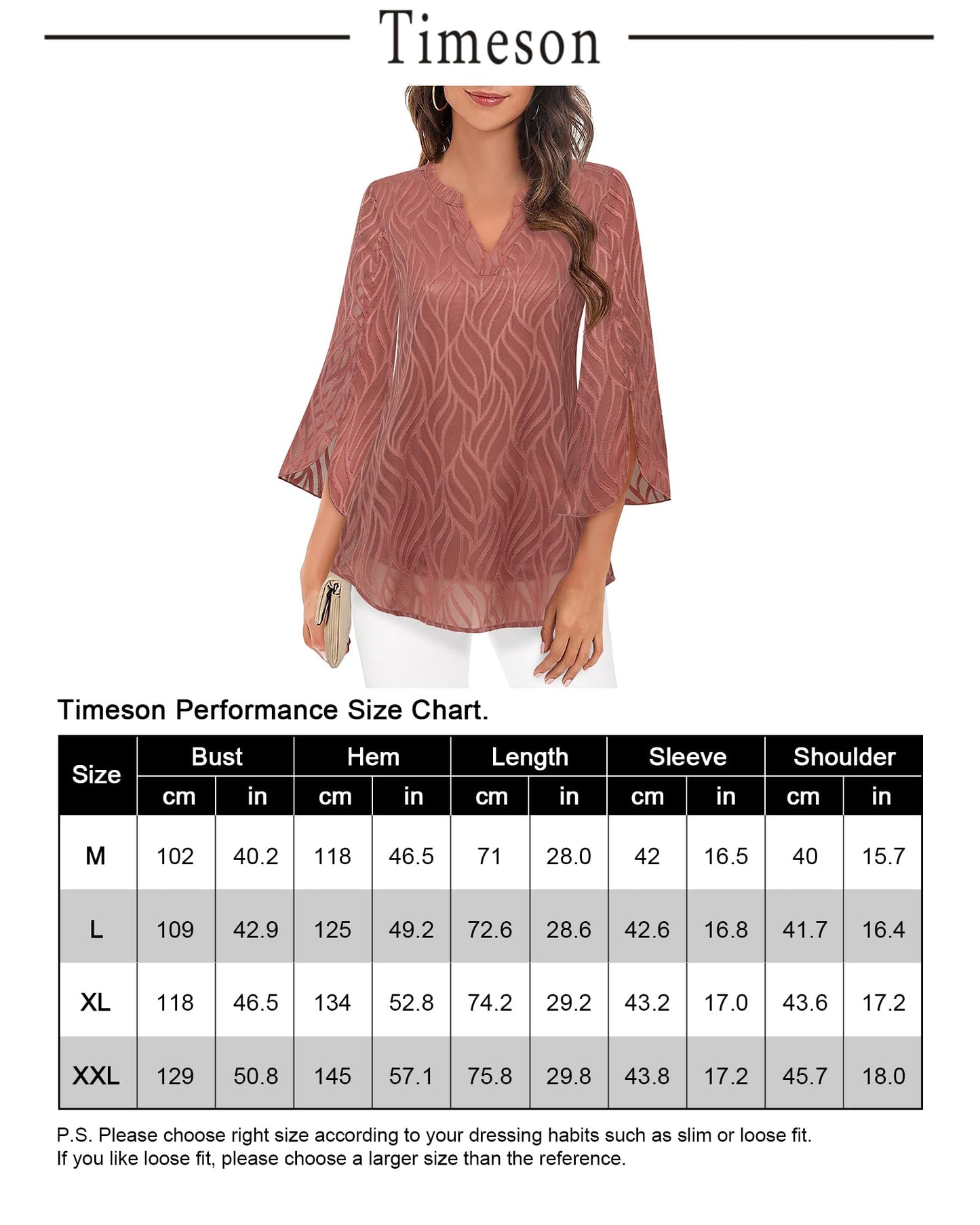 Timeson Damen Chiffonbluse mit 3/4-Ärmeln, V-Ausschnitt, elegante Tunika-Oberteile