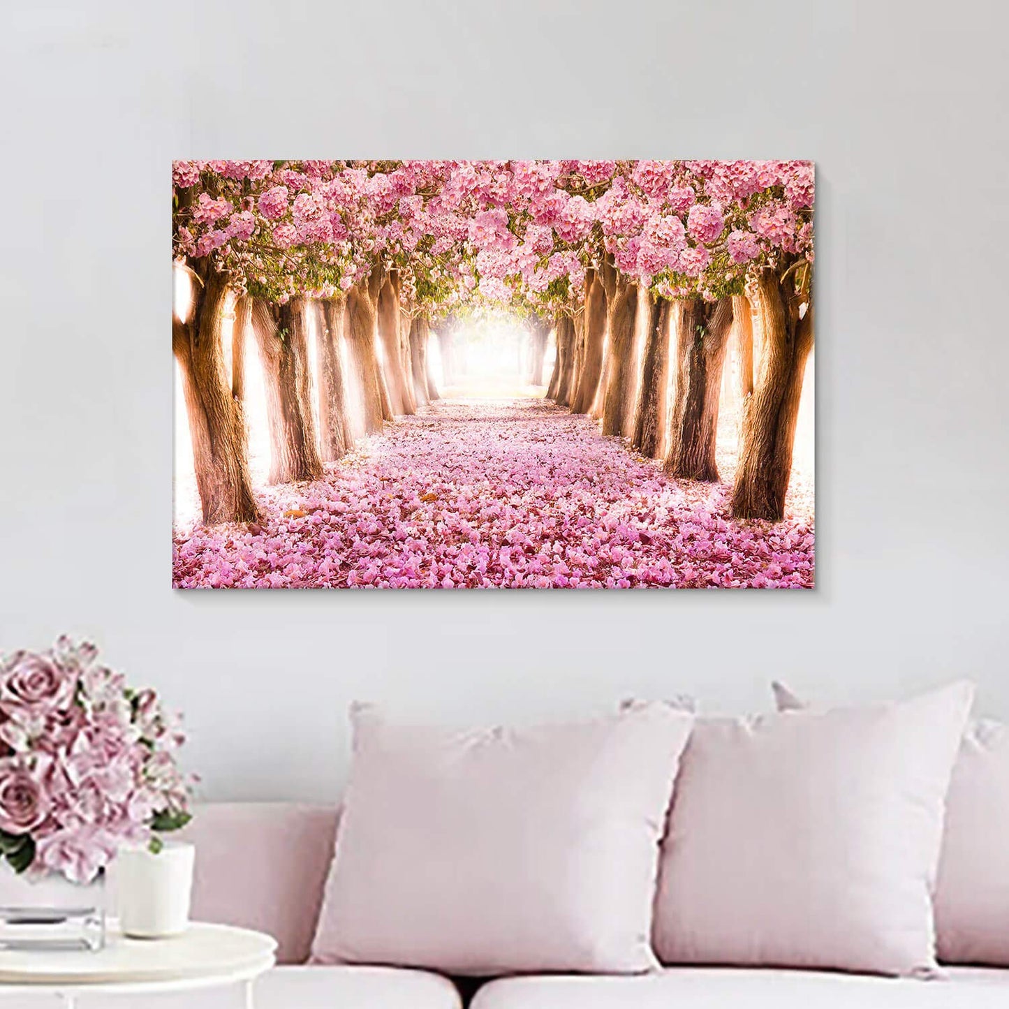 UTOP-art Tableau mural avec fleurs roses : paysage forestier, arbre, chemin, peinture sur toile enveloppée pour salon (36'' x 24'' x 1 panneau) 