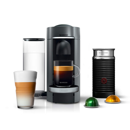 Nespresso Vertuo Plus Deluxe Kaffee- und Espressomaschine von De'Longhi, Titan mit Aeroccino-Milchaufschäumer, 110 Volt