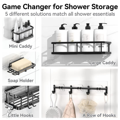 6-Pack Black Shower Caddy Set – Rustproof Bathroom Organizer with Soap Holder & 12 Hooks, No-Drill Wall Mount Storage.