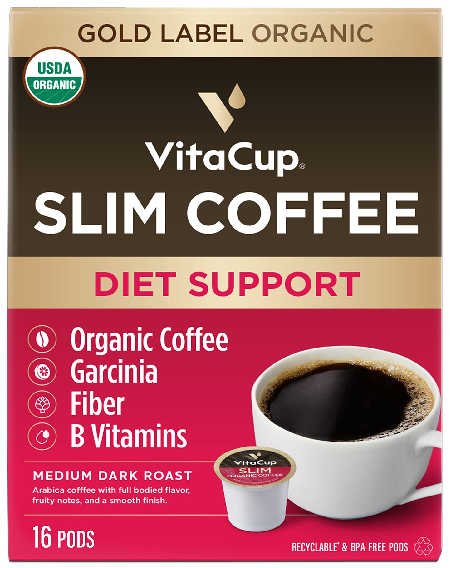 Capsules de café VitaCup Lightning, pour la mémoire et la concentration avec 2X de caféine, grains de café vert, vitamines B, D3, café torréfié foncé et fort, dosettes individuelles recyclables compatibles avec les cafetières Keurig K-Cup, 16 unités 