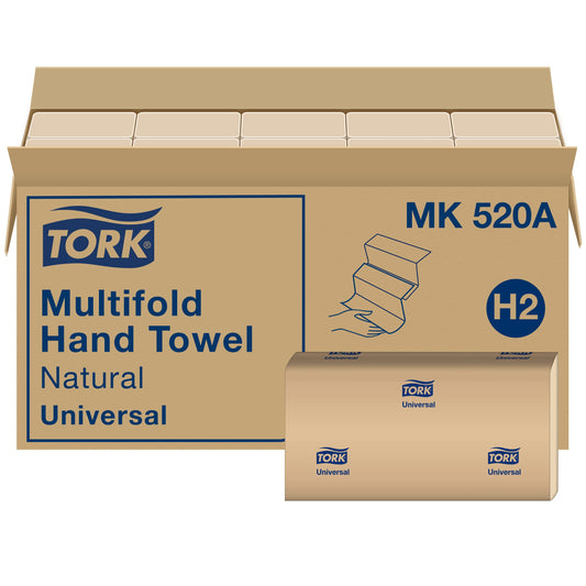 Tork Multifold Hand Towel, Natural, 100% recycled, FSC certified, Compatible with H2 Dispensers, 16 packs x 250 sheets (MK520A)