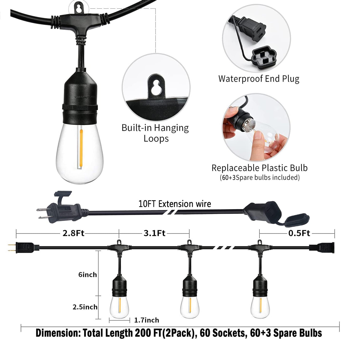 200ft Lichterkette für draußen, LED-Terrassenbeleuchtung für draußen, wasserdicht, mit 63 bruchsicheren Edison-Lichtern, Lichterkette für draußen, 2200K, Außenbeleuchtung für Terrasse, Pavillon, Pergola, Café 