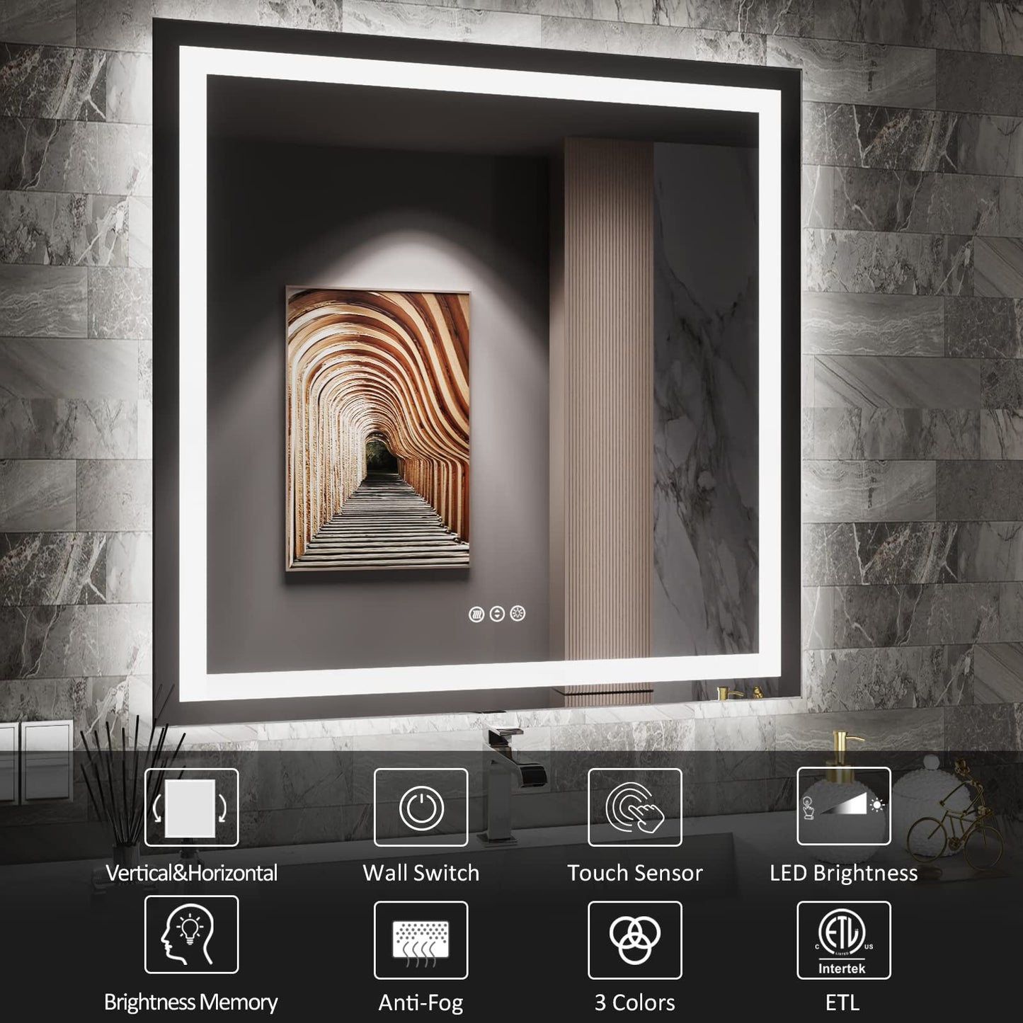 Amorho 20"x 28" LED Bathroom Mirror with Black Frame, Front Light and Backlit(Controlled Separately), Stepless Dimmable, Anti-Fog, Shatter-Proof, 3 Colors, Memory