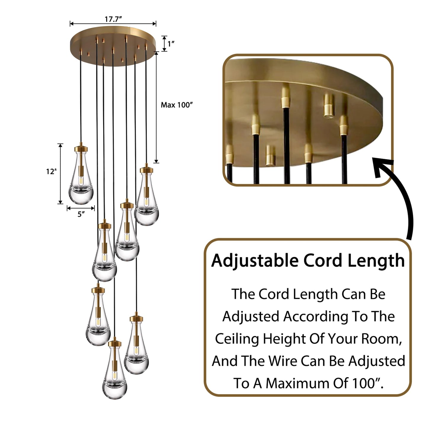 H100'' High Ceiling Chandelier for Entryway,Modern Raindrop Chandeliers for Living Room,Brass 7 Light Adjustable Rope Teardrop Pendant Lights Kitchen Island for Hallway/Staircase