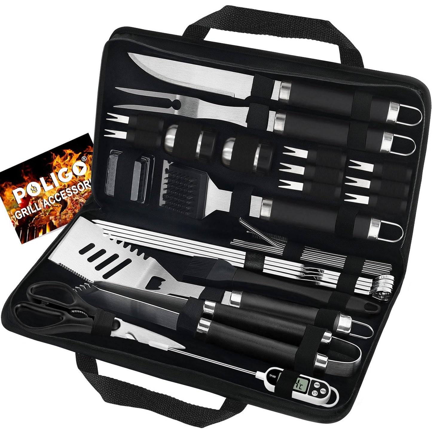 POLIGO 29 PCS BBQ Grill Accessories Stainless Steel BBQ Tools Grilling Tools Set with Storage Bag for Christmas Dads Birthday Presents - Camping Grill Utensils Set Ideal Grilling Gifts for Men Women