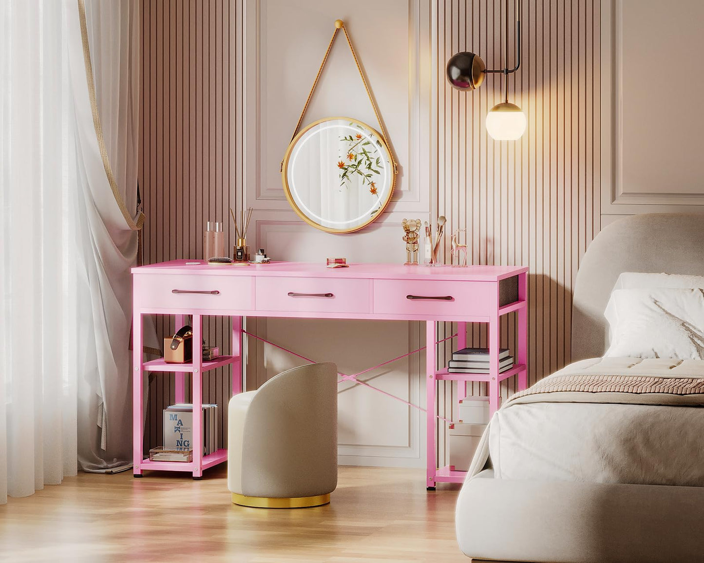 Bureau d'ordinateur de petite taille ODK : table de maison avec tiroirs en tissu et étagères de rangement, bureau d'écriture moderne, noir, 48"x16" 