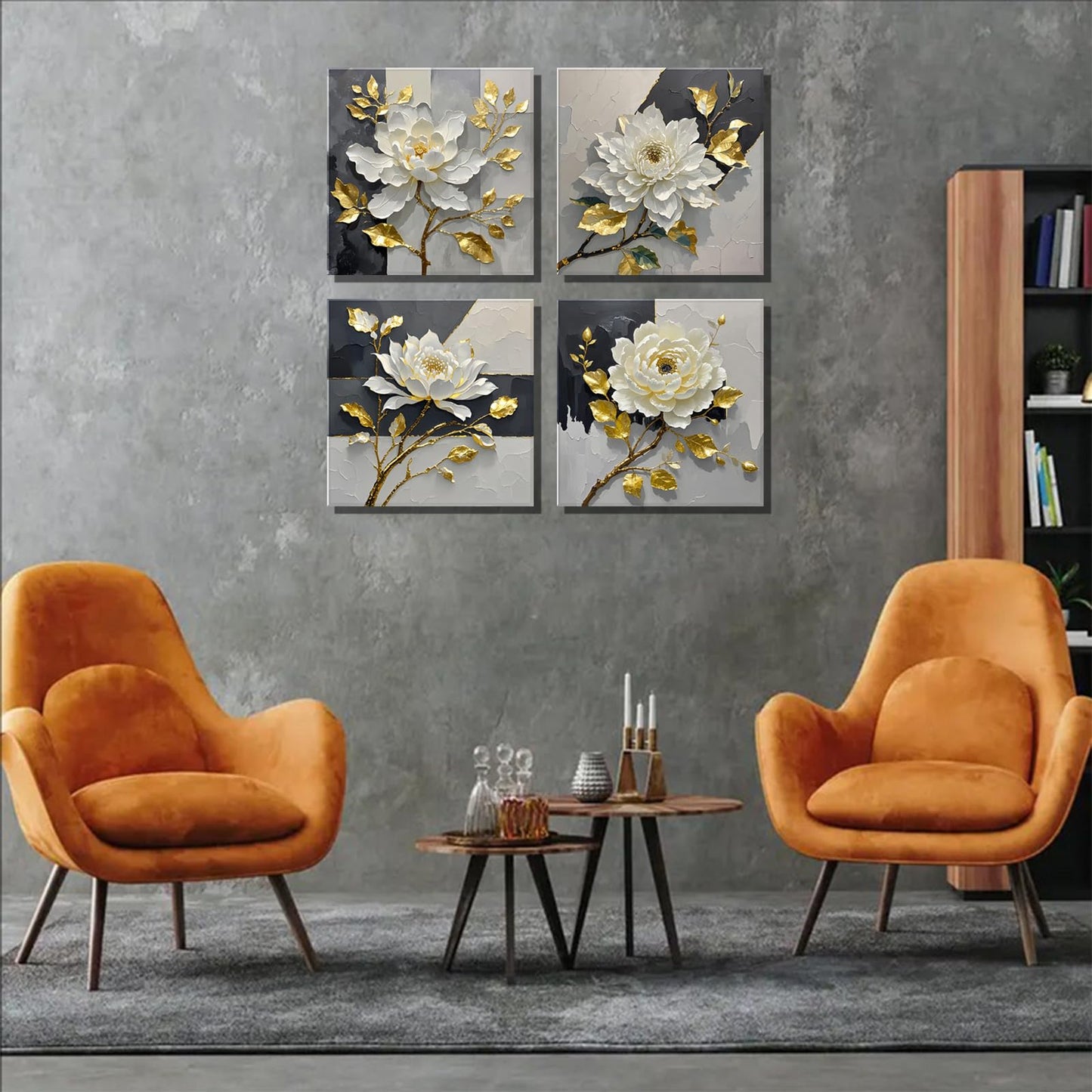 Peinture sur toile de fleurs dorées et blanches, art abstrait, peinture décorative murale moderne noire, blanche et grise, idéale pour le bureau, les loisirs et la maison (12" x 12" x 4 pièces encadrées). 