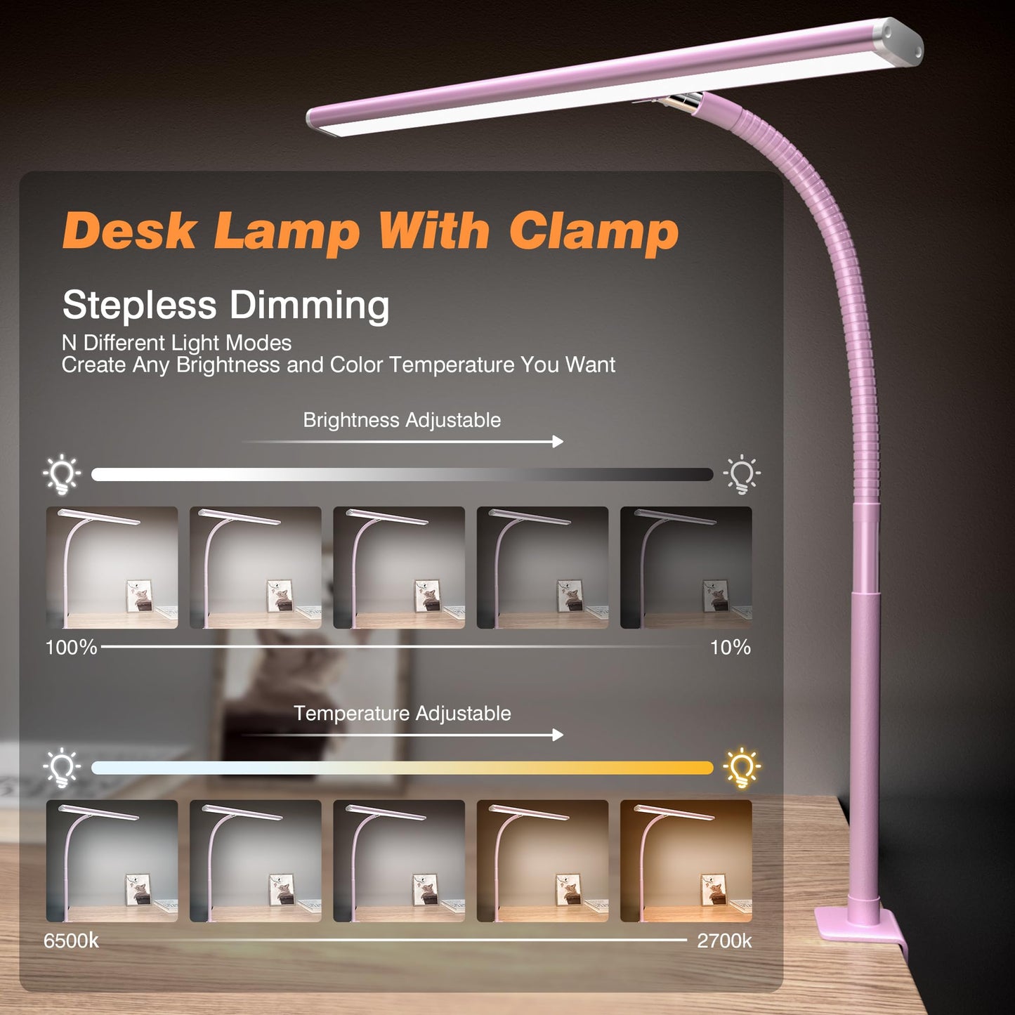 Lampe de bureau LED pour bureau à domicile, lampe de bureau respectueuse des yeux avec gradation continue, col de cygne flexible réglable, adaptateur USB 10 W, lampe de bureau avec pince pour lecture, étude, établi (noir) 