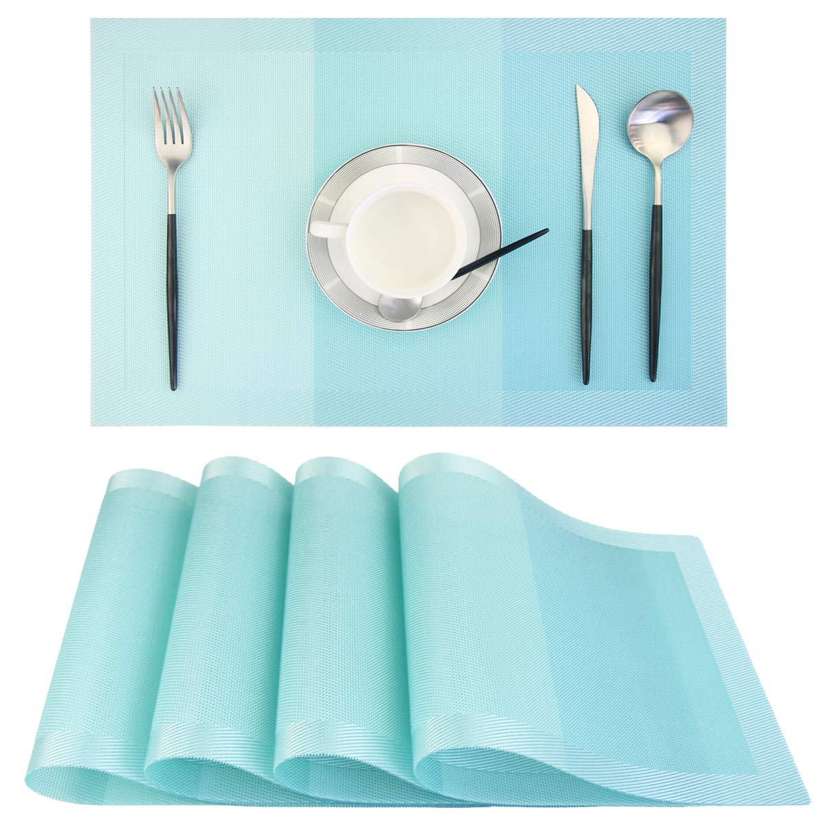 PIGCHCY Keilförmige Tischsets für den Esstisch, kreuzgewebt, waschbares Vinyl-Tischset, hitzebeständig, runde Tischsets, 4er-Set (Silbergrau) 