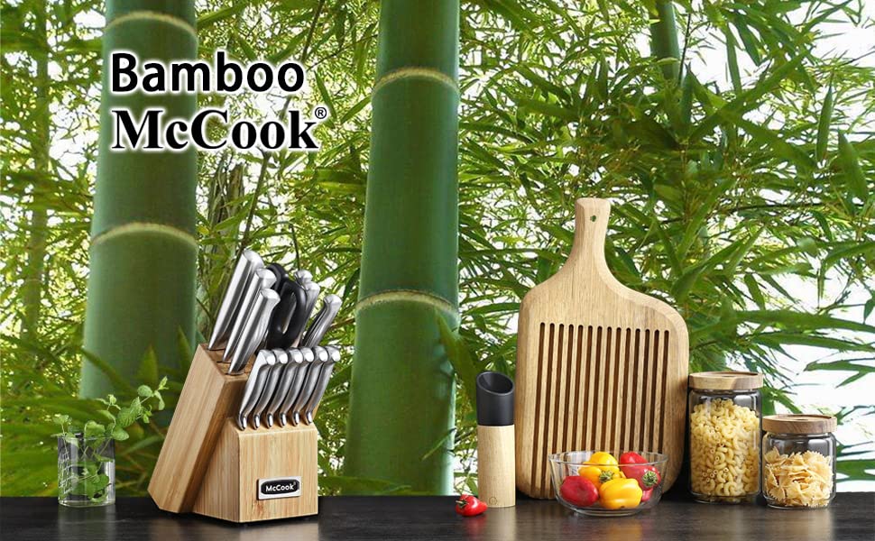 McCook® Knife Sets, Golden Titanium Stainless Steel Kitchen Knife Block Sets with Built-in Sharpener