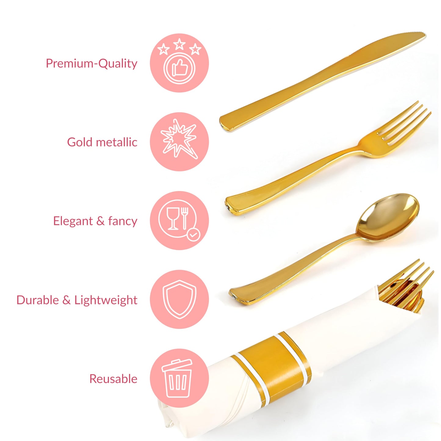 Prestee 50 Pre Rolled Gold Plastic Silverware Set Disposable, 200 Piece Gold Silverware Disposable and Reusable, Cutlery Set with Forks, Knives, Spoons, and Napkins for Weddings and Parties