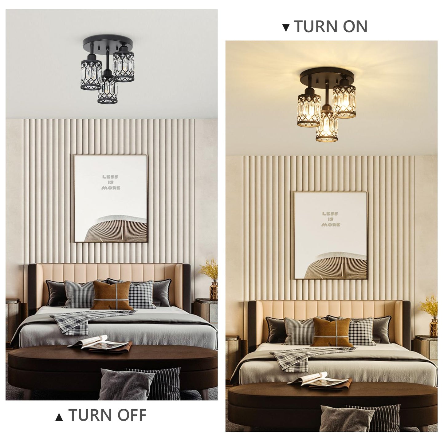 3-Light Crystal Semi Flush Mount Ceiling Light | Black Modern Fixture for Kitchen, Hallway & Bedroom