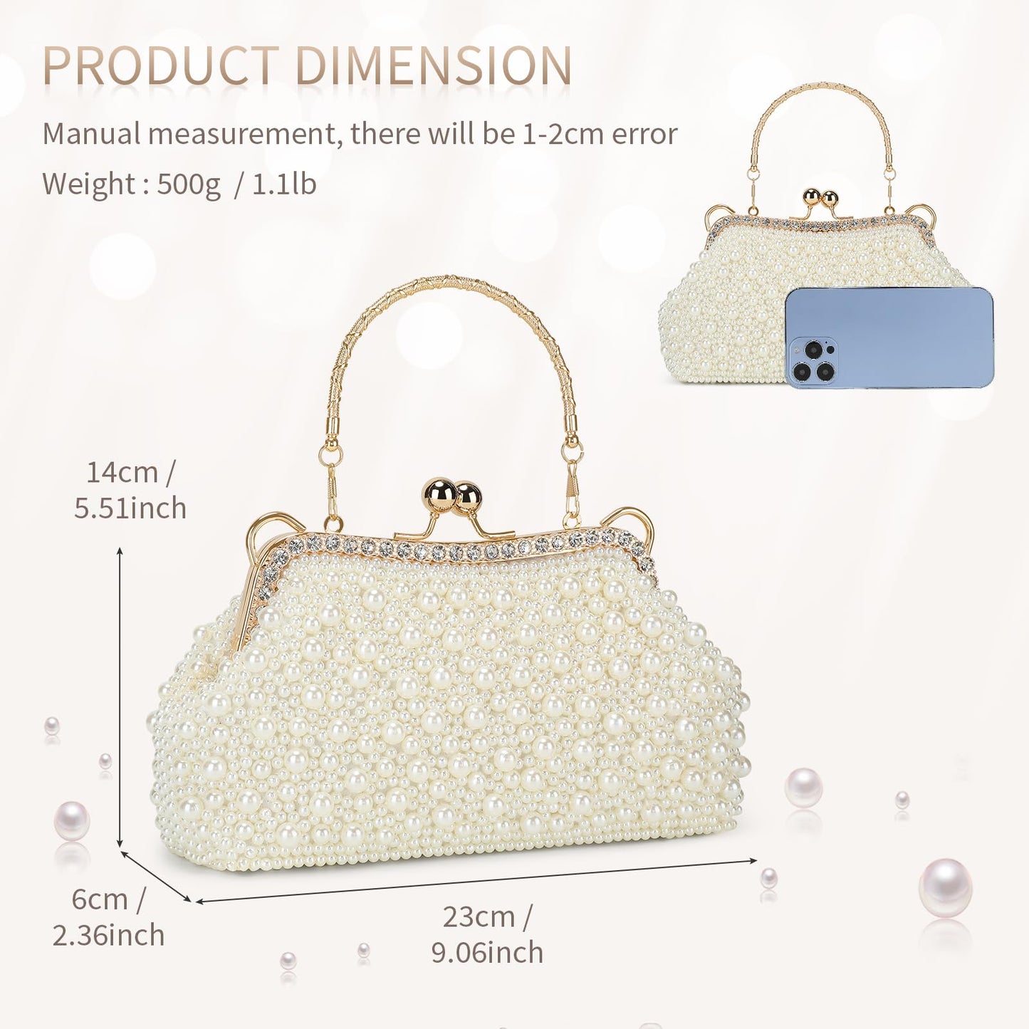 UBORSE Women Pearl Clutch Bag Noble Crystal Beaded Evening Bag Wedding Clutch with Pearl Chain