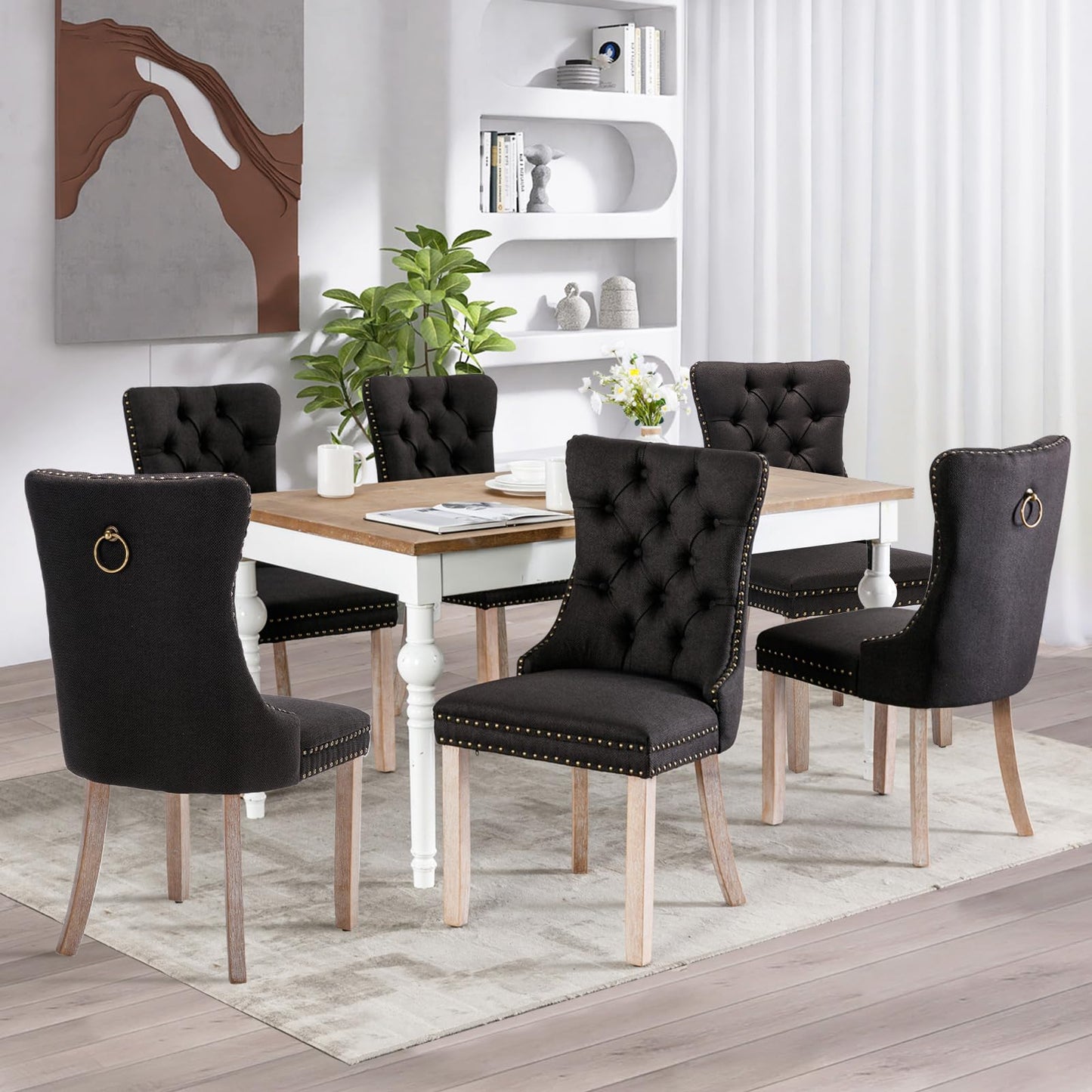 SoarFlash Leather Dining Chairs Set of 8, Tall Back Side Chair, Modern Upholstered Side Chair with Button Back Ring, Solid Wood Legs (Black&Grey)