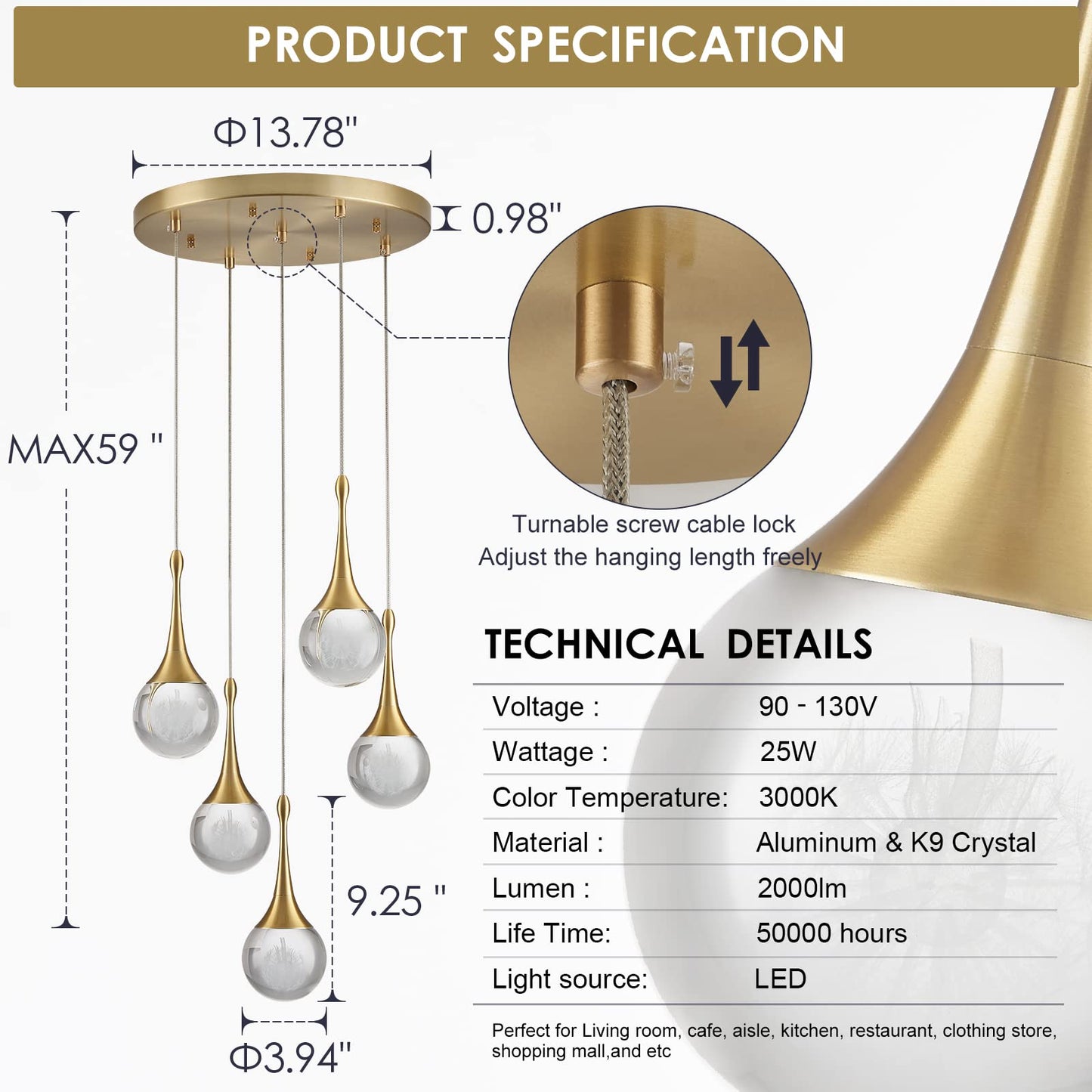 Modern LED Pendant Light for Kitchen Island, Dimmable Gold Teardrop Crystal Ceiling Pendant Lighting for Dining Room Bedroom Bathroom Hallway Entryway 3000k Warm White