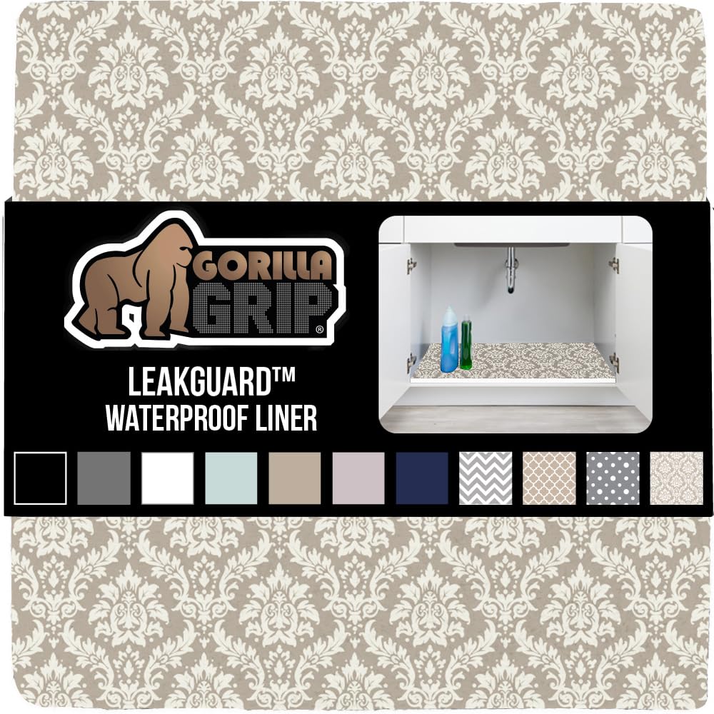 Gorilla Grip LeakGuard Non-Adhesive Under Sink Mat for Kitchen Cabinet, 24x40, Waterproof Quick Dry Shelf Liner, Durable Absorbent Felt Mats for Bathroom Sinks, Cabinets, Dresser, Damask Taupe Cream