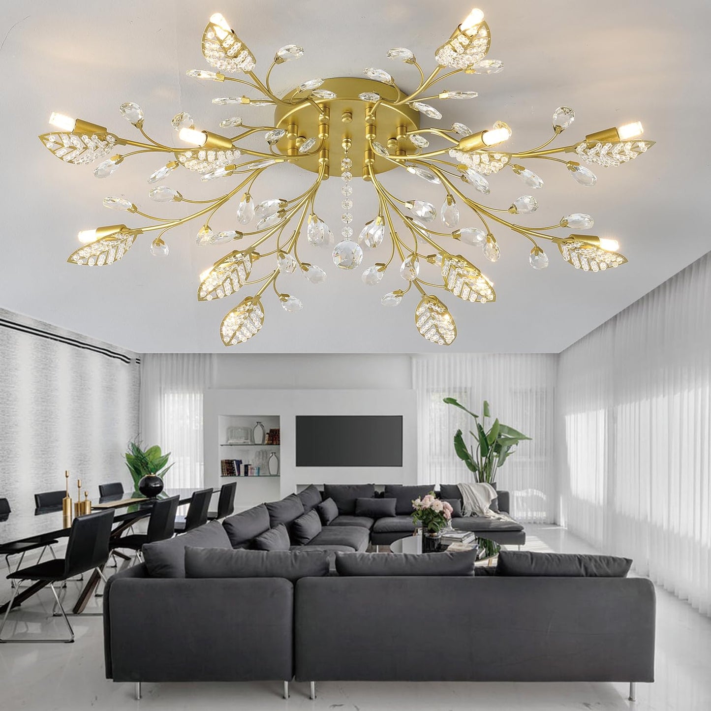 Modern Crystal Ceiling Light Fixture,Semi Flush Mount Chandeliers,Crystal Leaf Ceiling Light, Chandeliers for Dining Room,Living Room,Bedroom (Gold, 12-Lights)