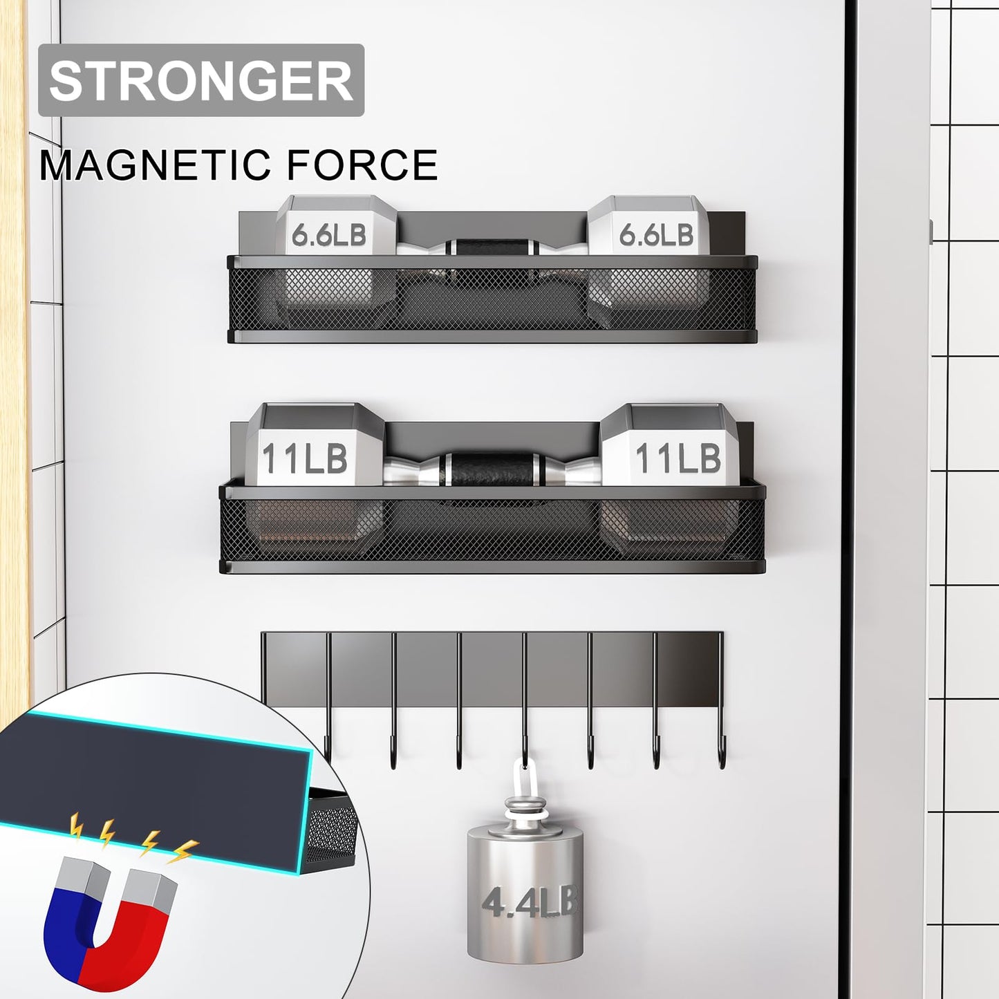 Magnetic Spice Rack for Refrigerator, 6 Pack Magnetic Shelf, Fridge Magnet Organizer with Moveable 12 Hooks, Magnetic Fridge Shelf for Kitchen Organization and Storage (6 Pack)