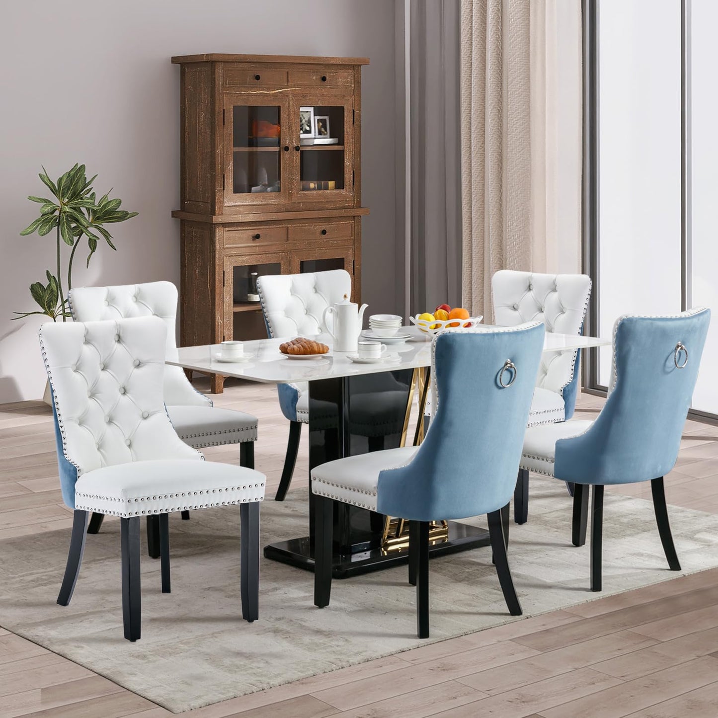 SoarFlash Leather Dining Chairs Set of 8, Tall Back Side Chair, Modern Upholstered Side Chair with Button Back Ring, Solid Wood Legs (Black&Grey)