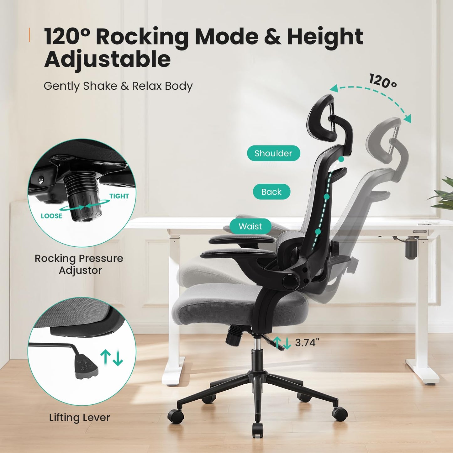 Ergonomischer Bürostuhl aus Netzgewebe, Schreibtischstuhl mit hoher Rückenlehne und 2D-Kopfstütze, Lendenwirbelstütze mit Auf- und Ab-Funktion, drehbarer Computer-Arbeitsstuhl mit verstellbaren, hochklappbaren Armlehnen, Schwarz 