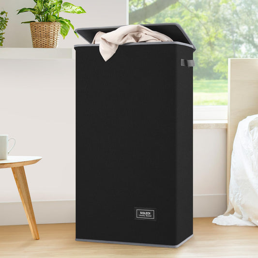 SOLEDI Laundry Hamper Black with Lid and Removable Bag - 100L Large and Tall Laundry Basket Collapsible with Handle for Clothing and Toys Storage - Dirty Clothes Hamper for Bedroom, bathroom, dorm