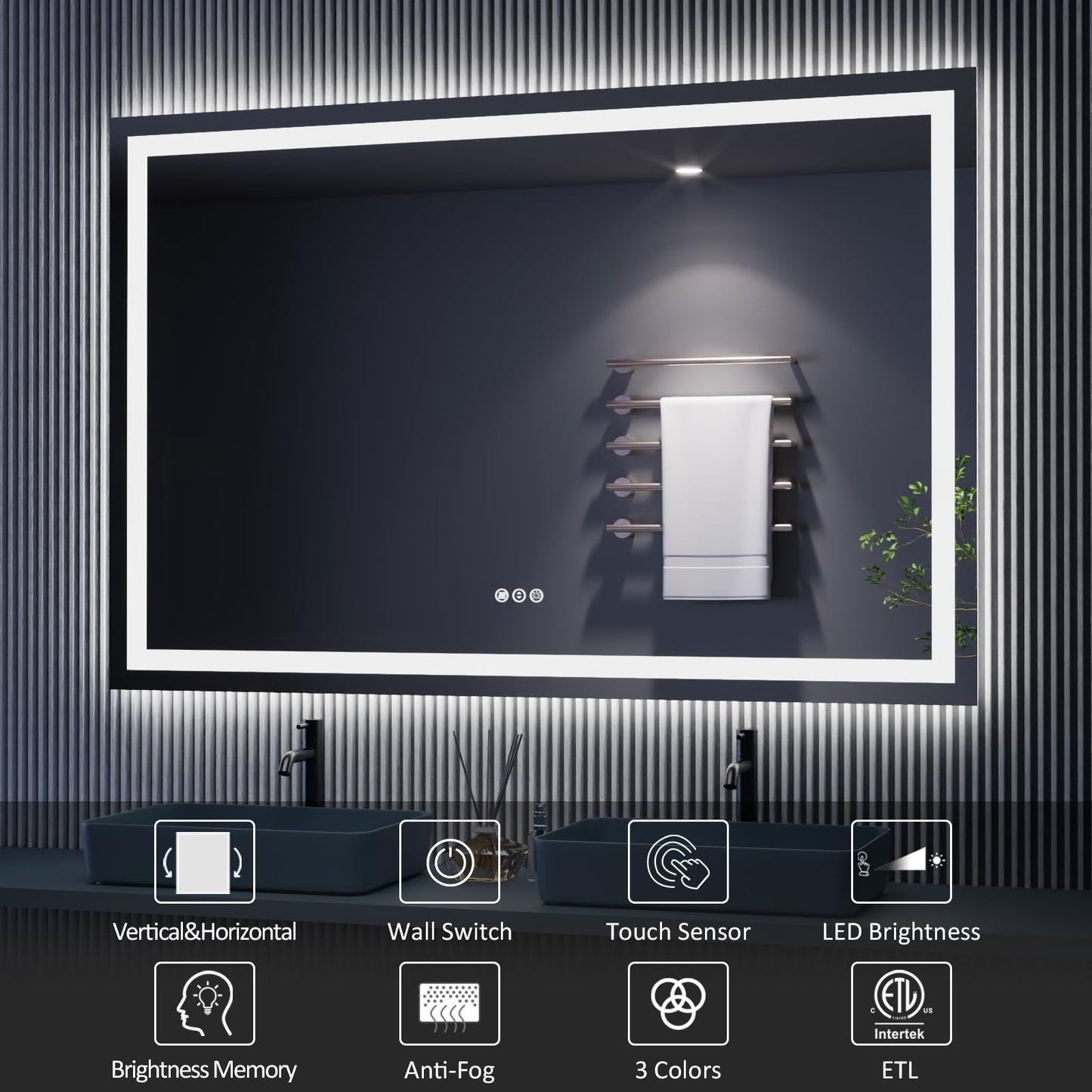 Amorho 20"x 28" LED Bathroom Mirror with Black Frame, Front Light and Backlit(Controlled Separately), Stepless Dimmable, Anti-Fog, Shatter-Proof, 3 Colors, Memory