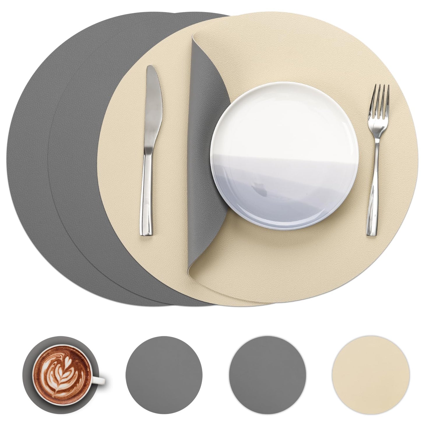 Myir JUN Round Table Placemats Set of 4 Faux Leather Place Mats and Coasters 15 inch Round Placemats Dual Sided Placemats Non-Slip Placemats Stain Resistant Placemats (Gray & Yellow, Set of 4)