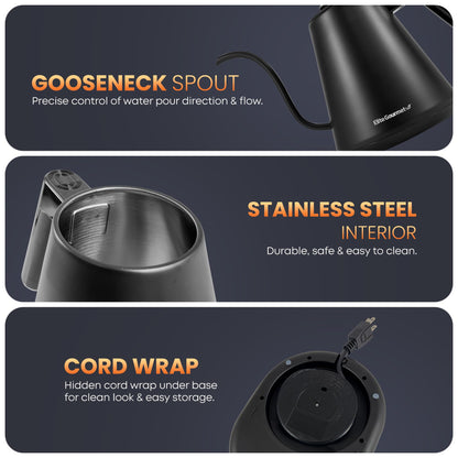 Elite Gourmet 1L Gooseneck Digital Kettle – 13 Temp Settings, Keep Warm, Cordless, Matte Black Copper