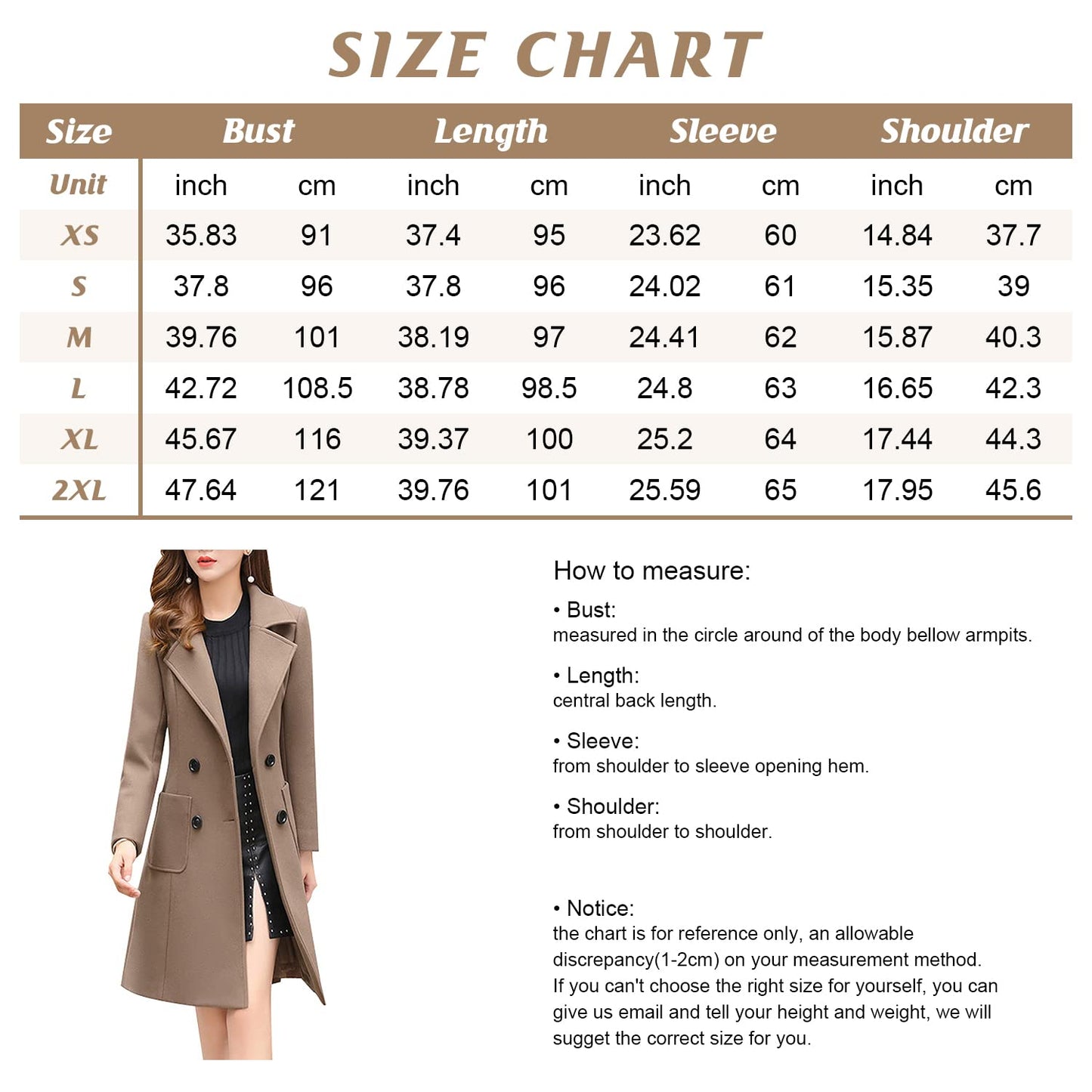 chouyatou Women Elegant Notched Collar Double Breasted Wool Blend Over Coat