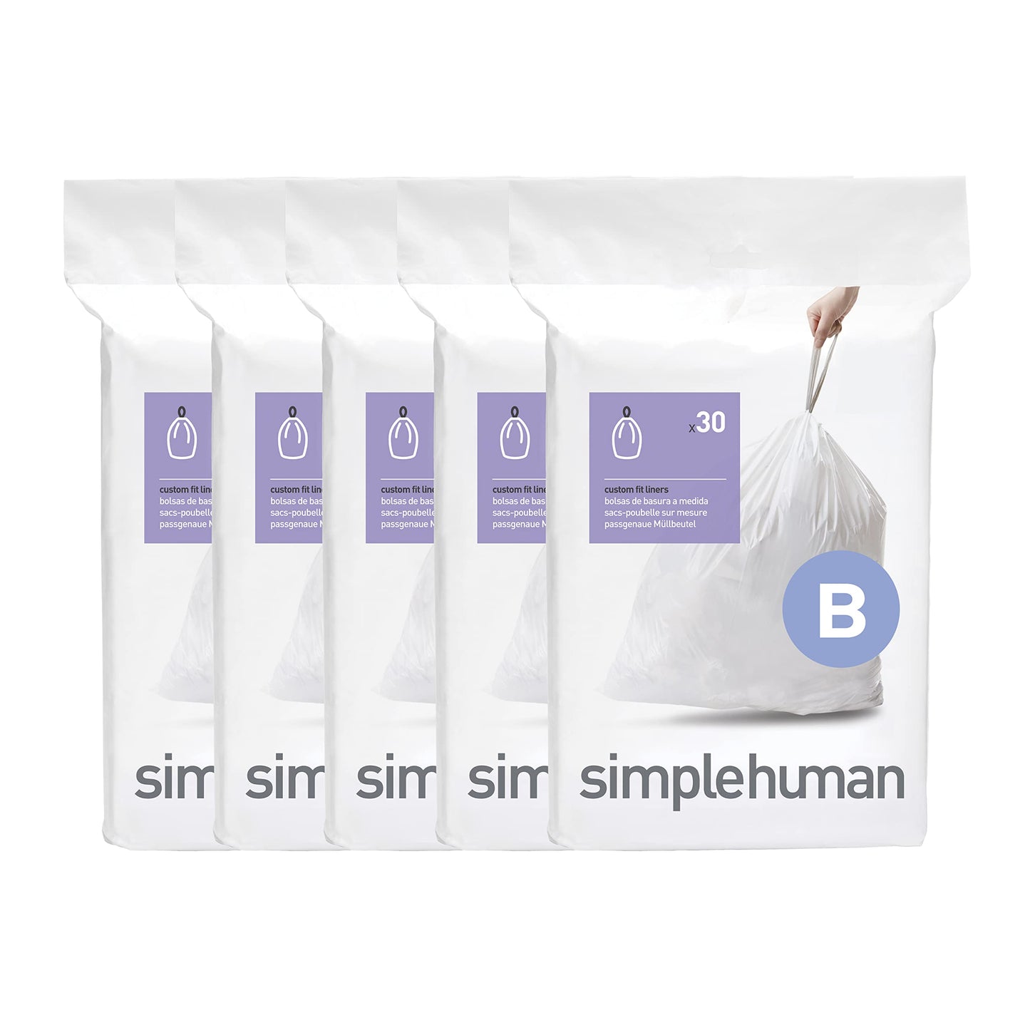 simplehuman Code H 60 Count, Genuine Custom Fit Liners, Drawstring Trash Bags in Dispenser Packs, 30-35 Liter / 8-9.2 Gallon, White