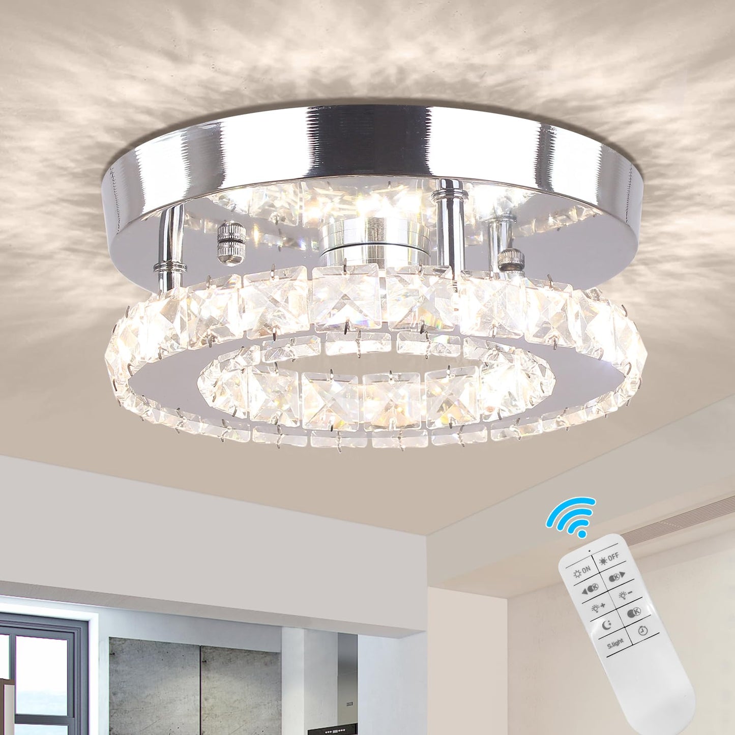 Dimmable Mini Crystal Chandeliers Modern Flush Mount Ceiling Light Fixture Round LED Crystal Chandelier Hallway Light Bedroom Bathroom Kitchen Office